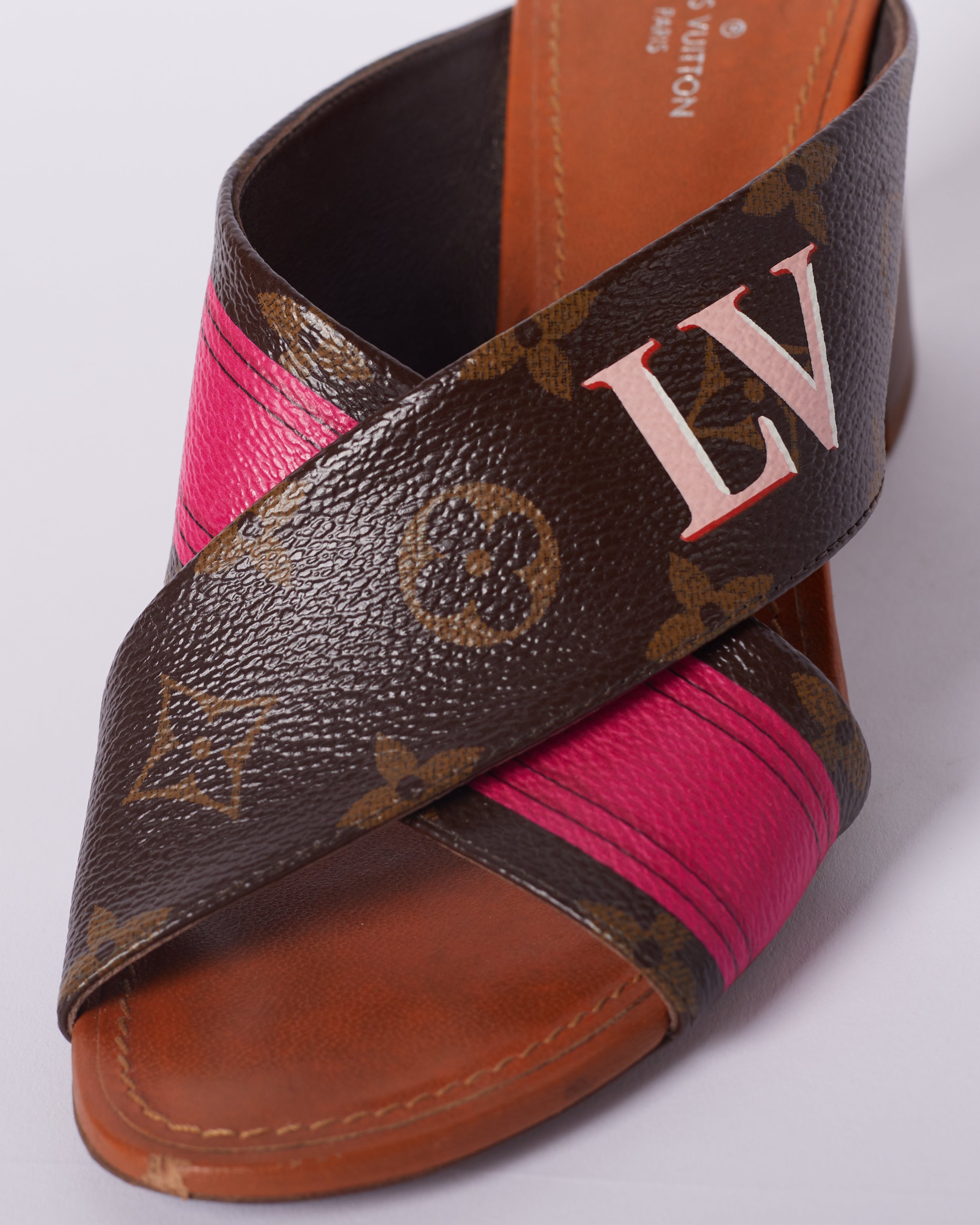 Louis Vuitton Brown/ Pink Monogram Canvas Panorama Slide Mule Sandals