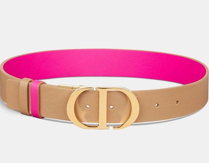 Christian Dior 30 Montaigne Reversible Belt In Tan & Rani Pink