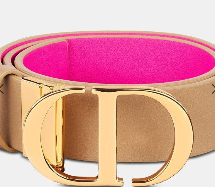 Christian Dior 30 Montaigne Reversible Belt In Tan & Rani Pink