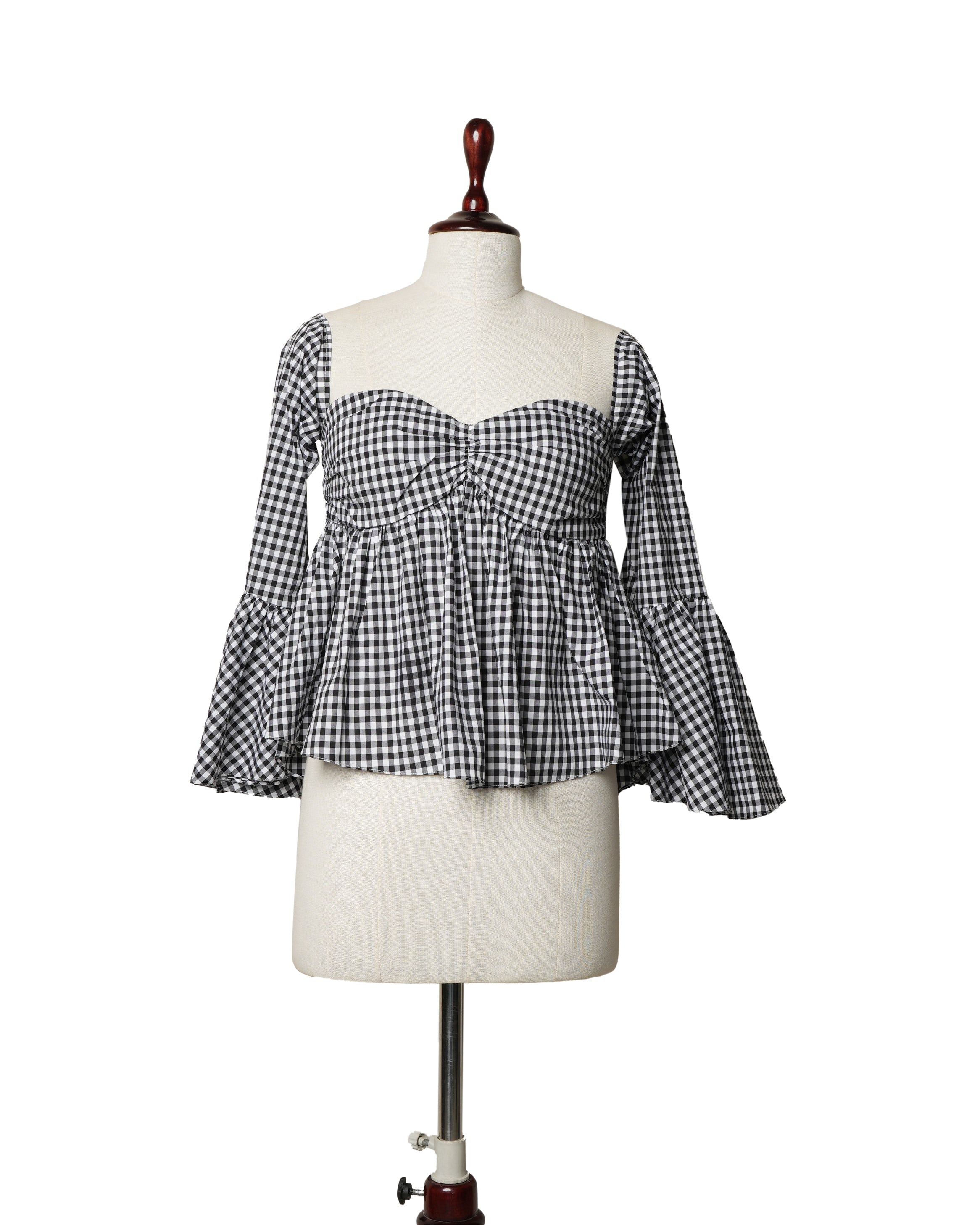 Caroline Constas Off-The-Shoulder Gingham Bell Sleeve Top