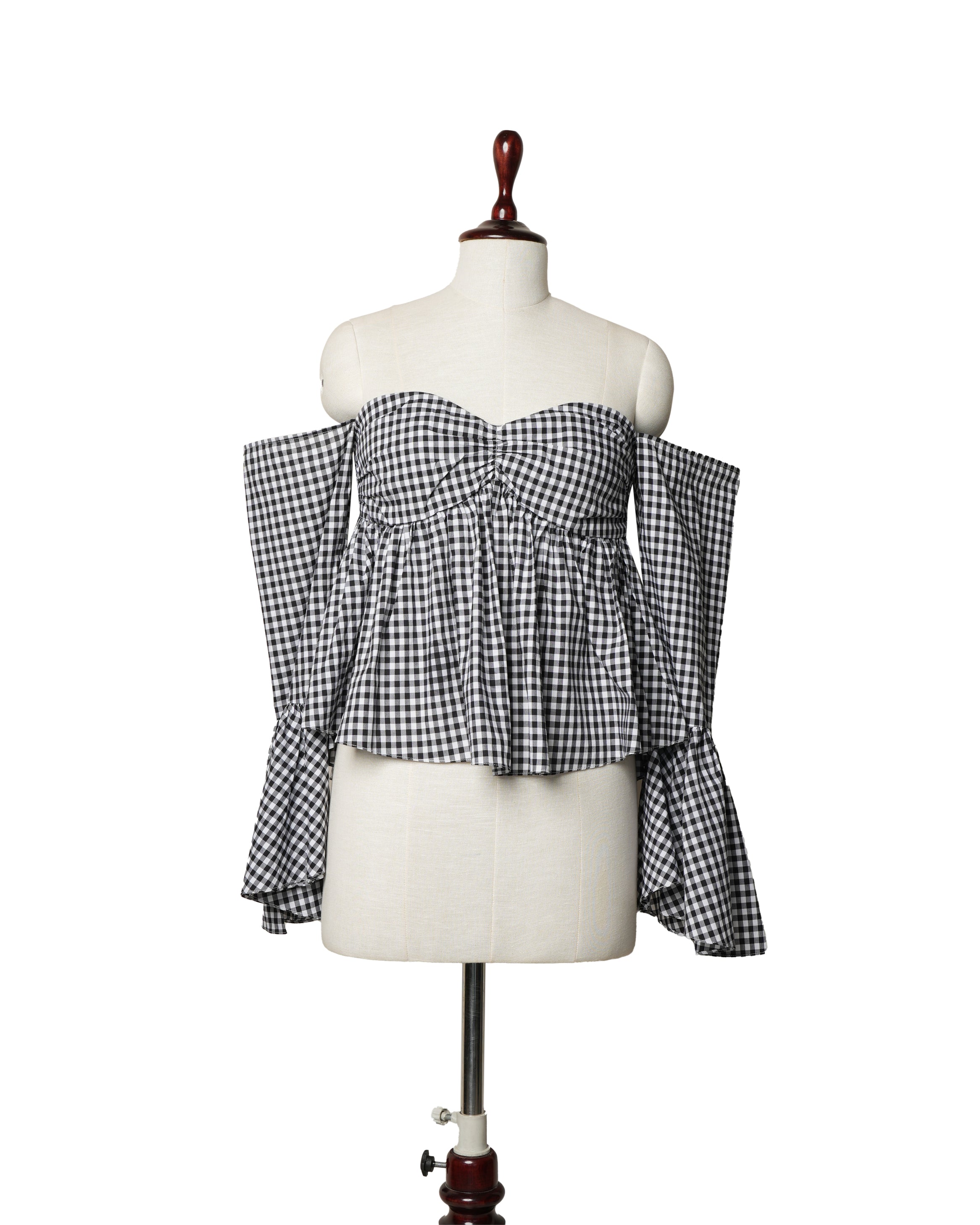 Caroline Constas Off-The-Shoulder Gingham Bell Sleeve Top