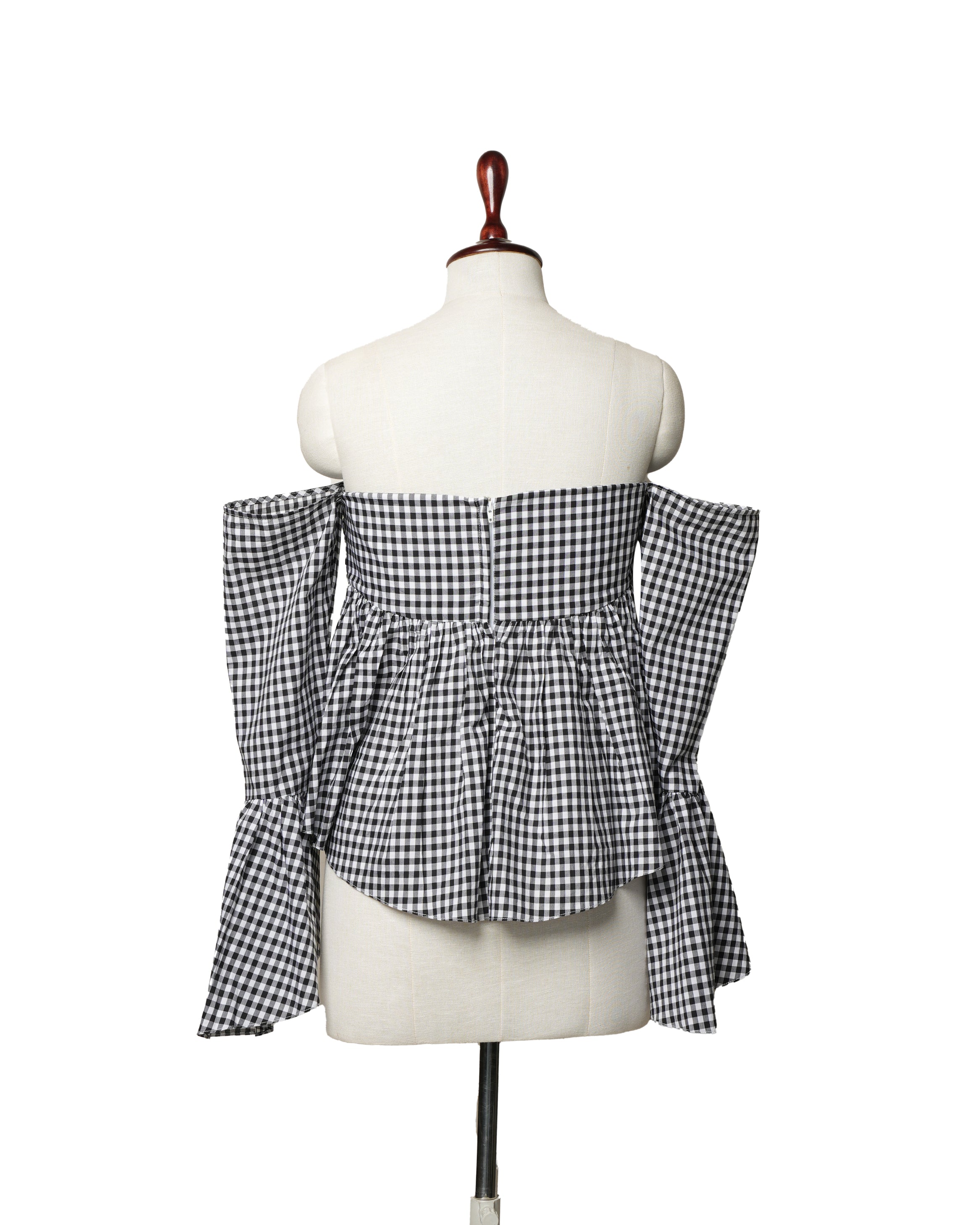 Caroline Constas Off-The-Shoulder Gingham Bell Sleeve Top