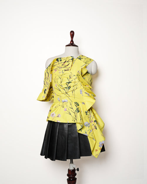 Self Portrait Yellow Floral Print Crepe Asymmetric Peplum Top