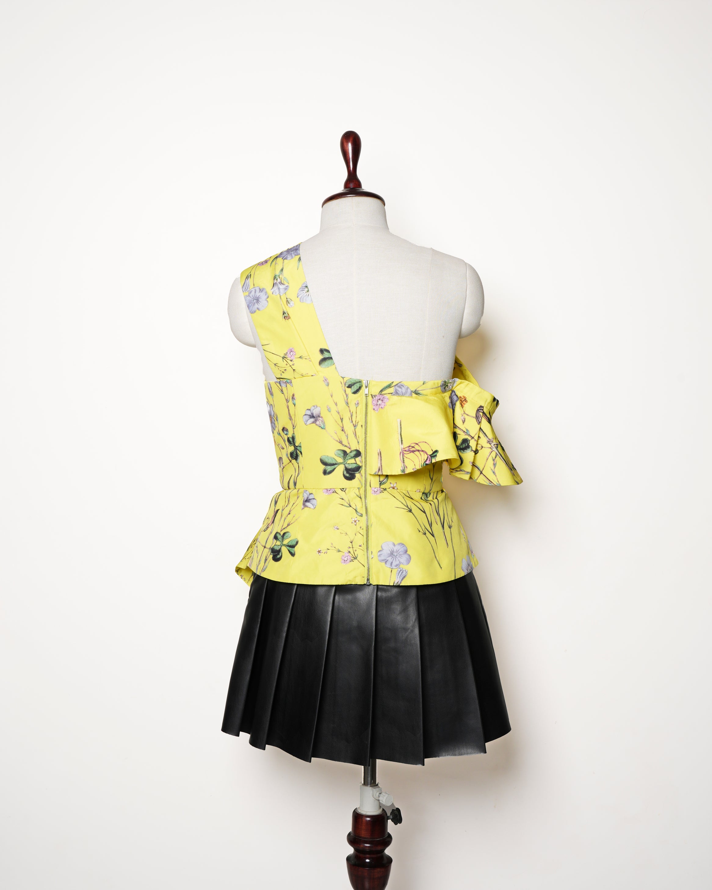 Self Portrait Yellow Floral Print Crepe Asymmetric Peplum Top