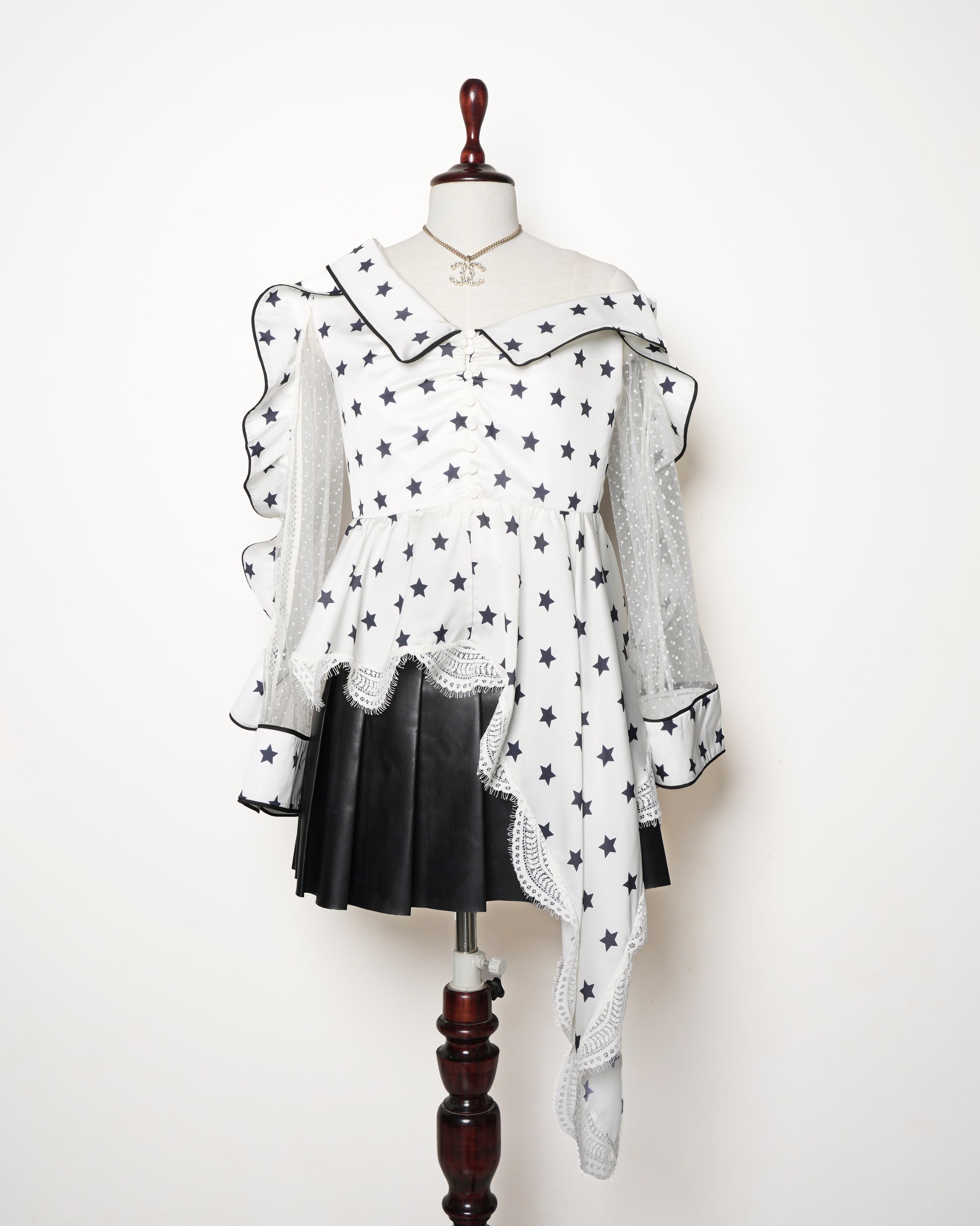 Self Potrait White Star Printed Satin & Lace Trimmed Asymmetrical Blouse