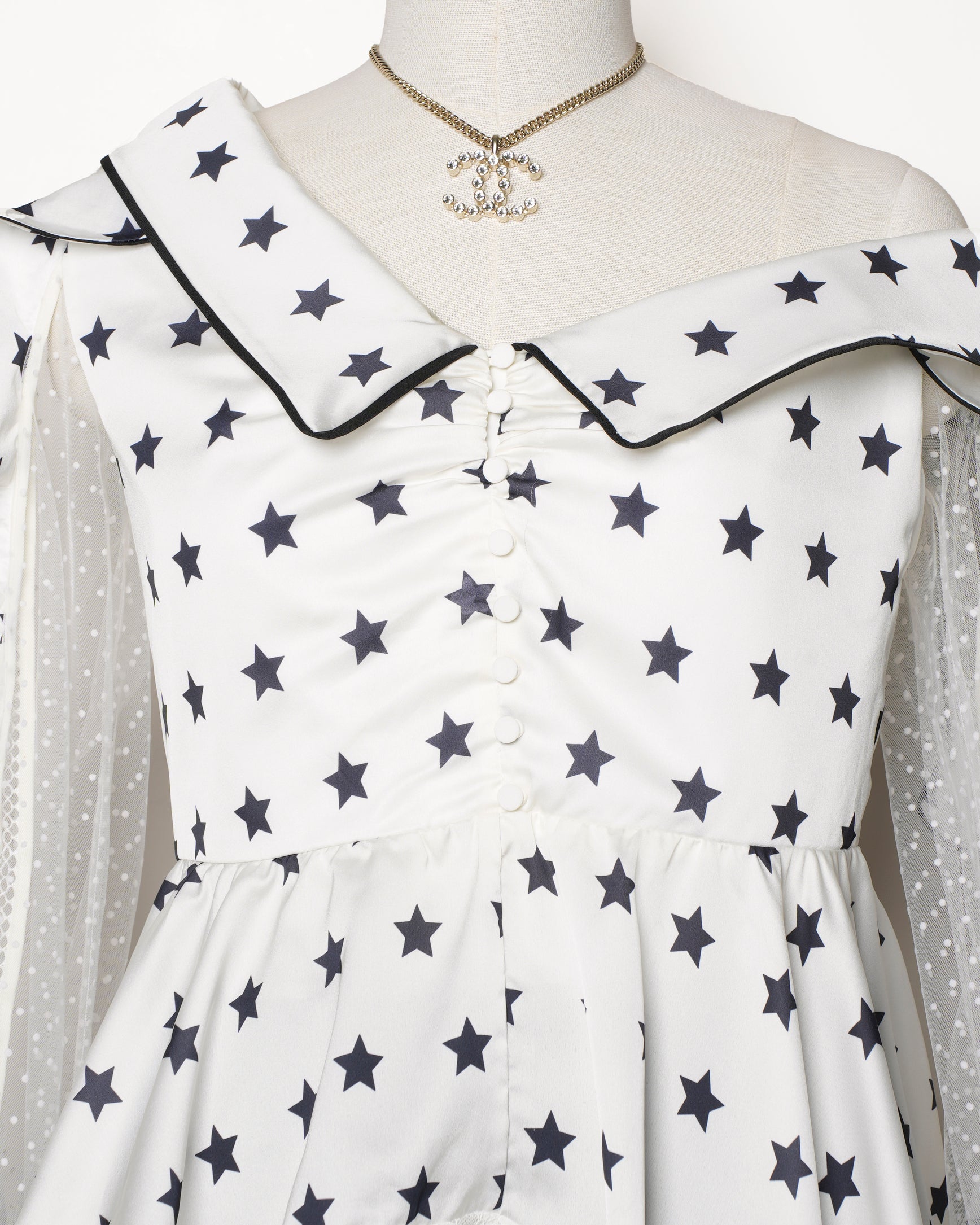 Self Potrait White Star Printed Satin & Lace Trimmed Asymmetrical Blouse