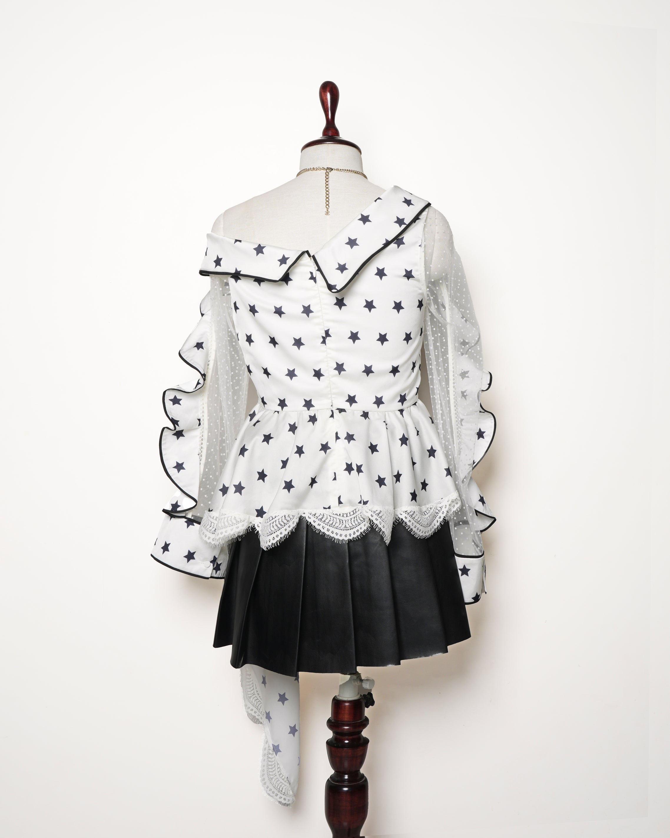 Self Potrait White Star Printed Satin & Lace Trimmed Asymmetrical Blouse