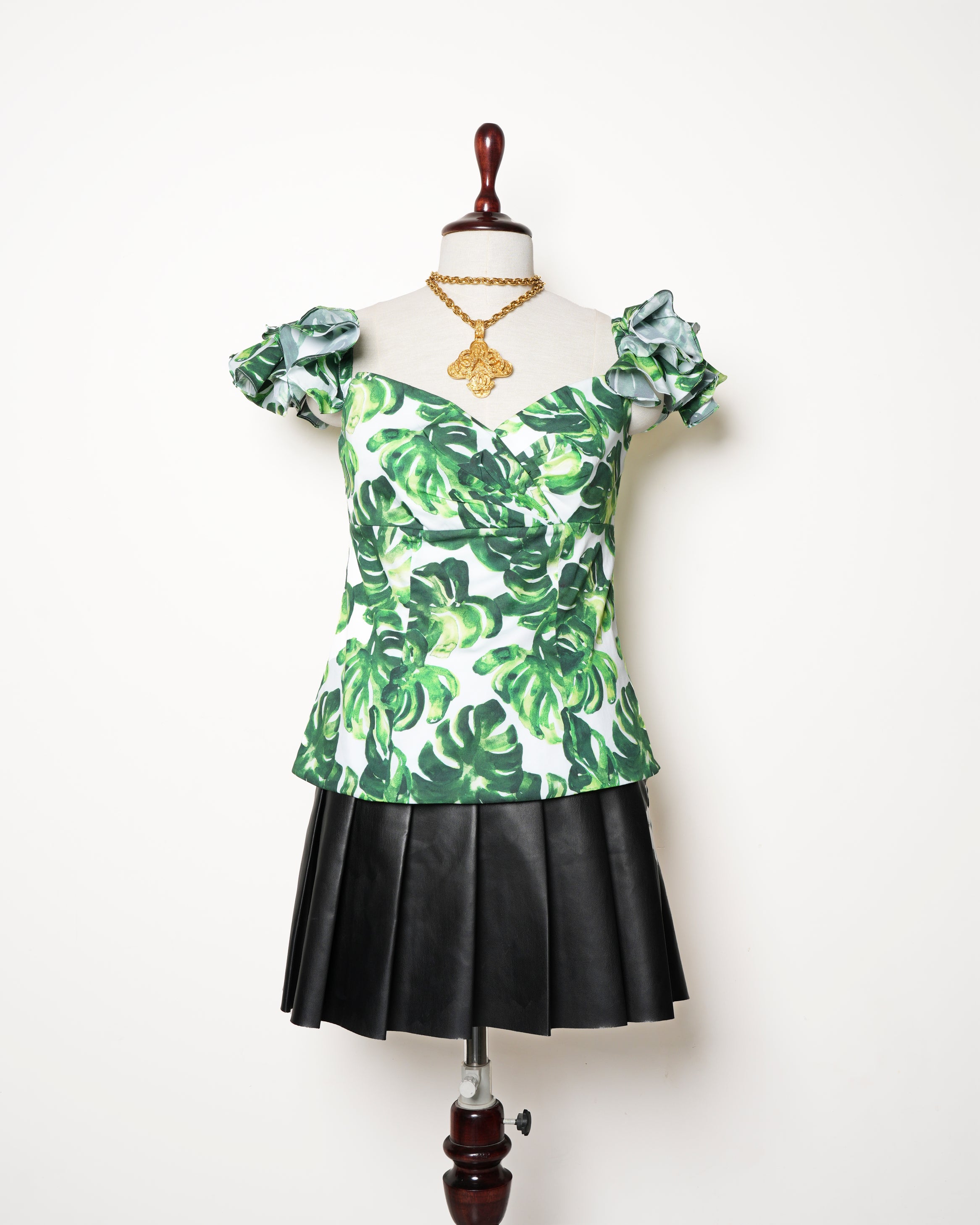 Caroline Constas Off-The-Shoulder Leaf Printed Crop Top