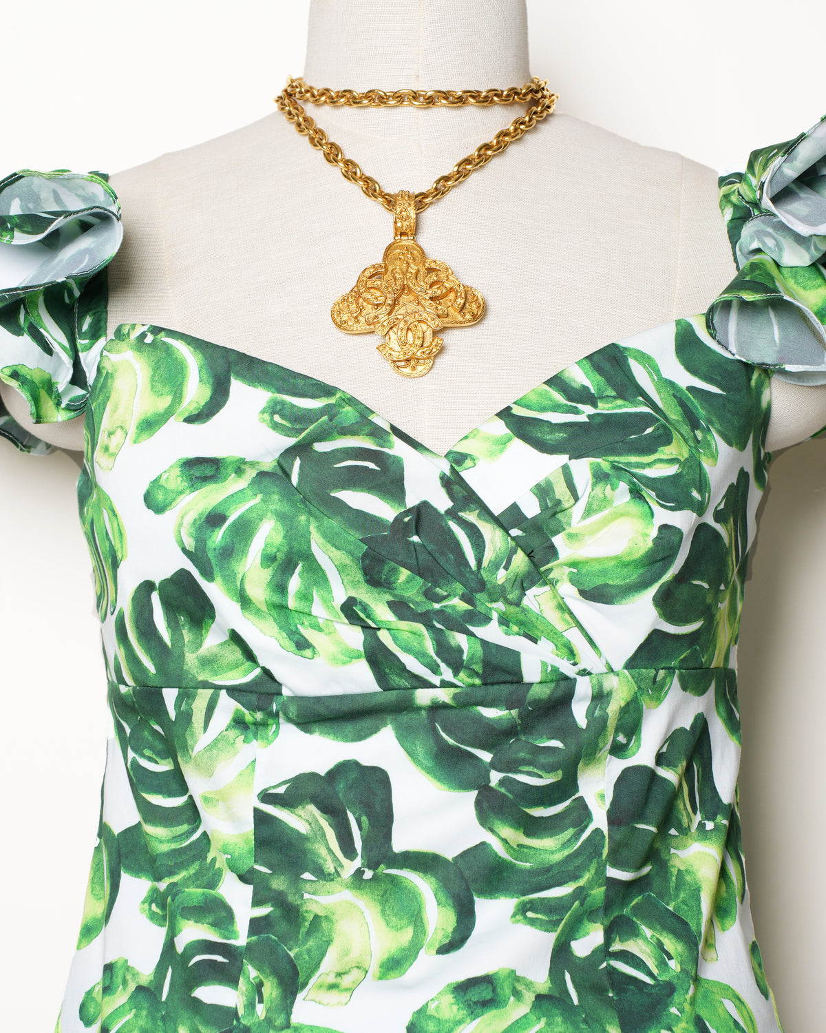 Caroline Constas Off-The-Shoulder Leaf Printed Crop Top