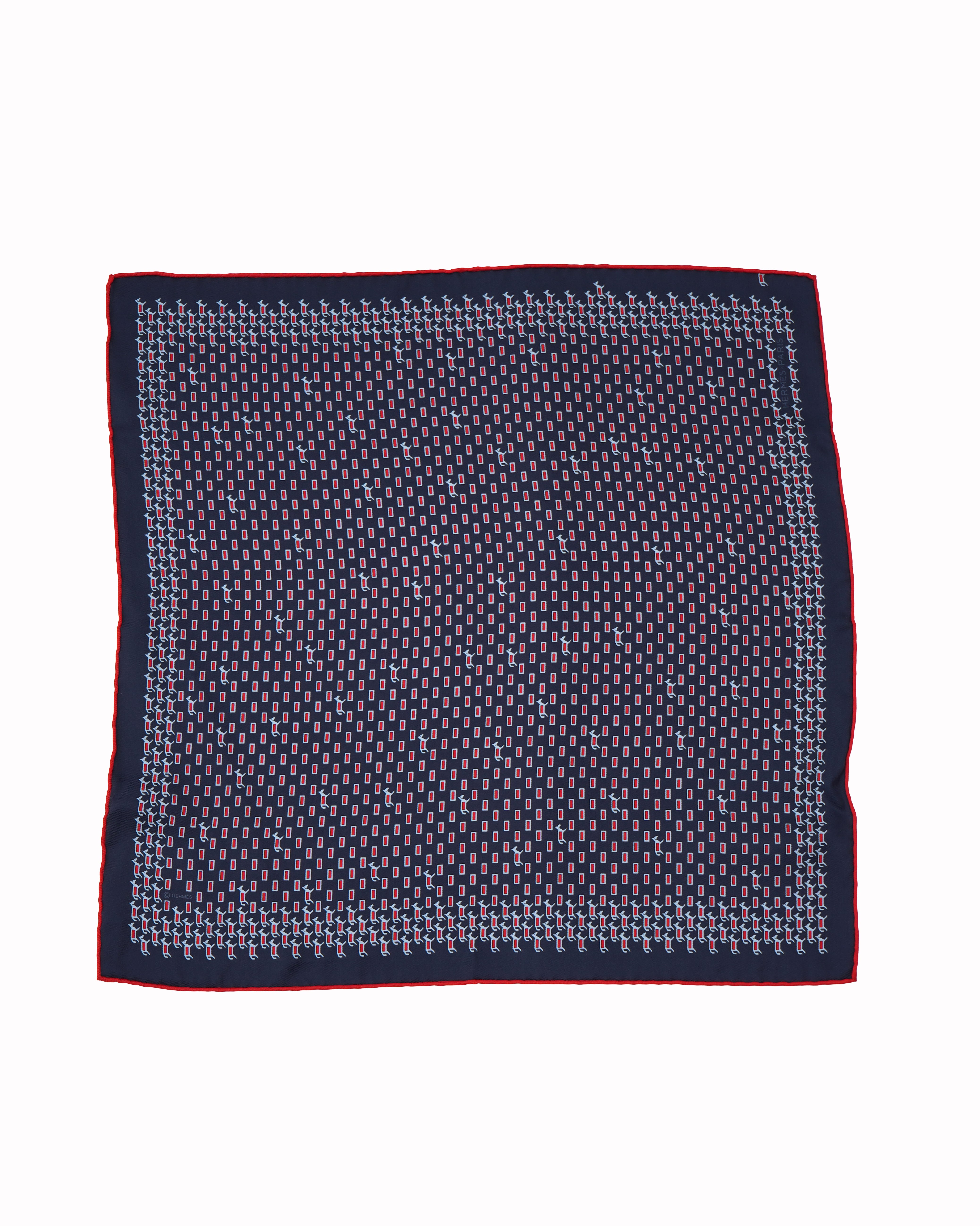 New Hermes Blue & Red Horse Pocket Square In Silk