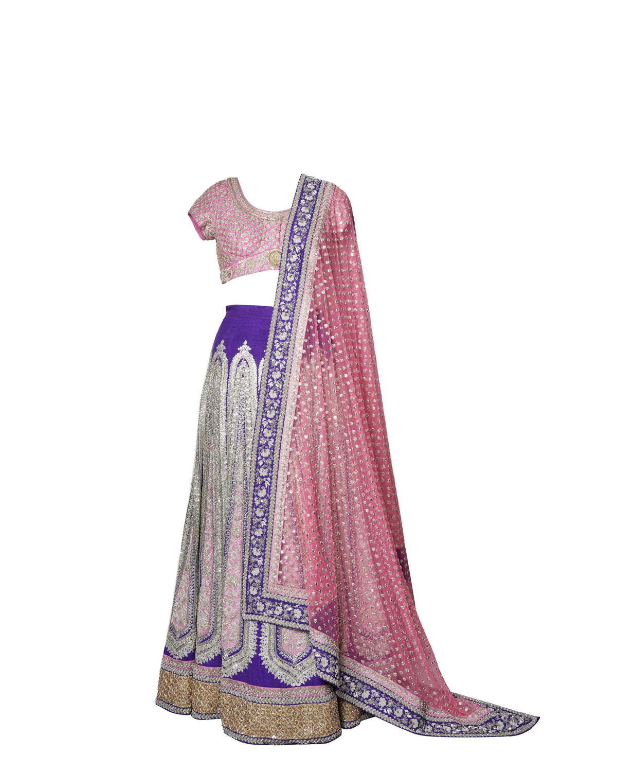 New Sabyasachi Pink & Purple Lehenga With Heavy Zari & Sequins Work