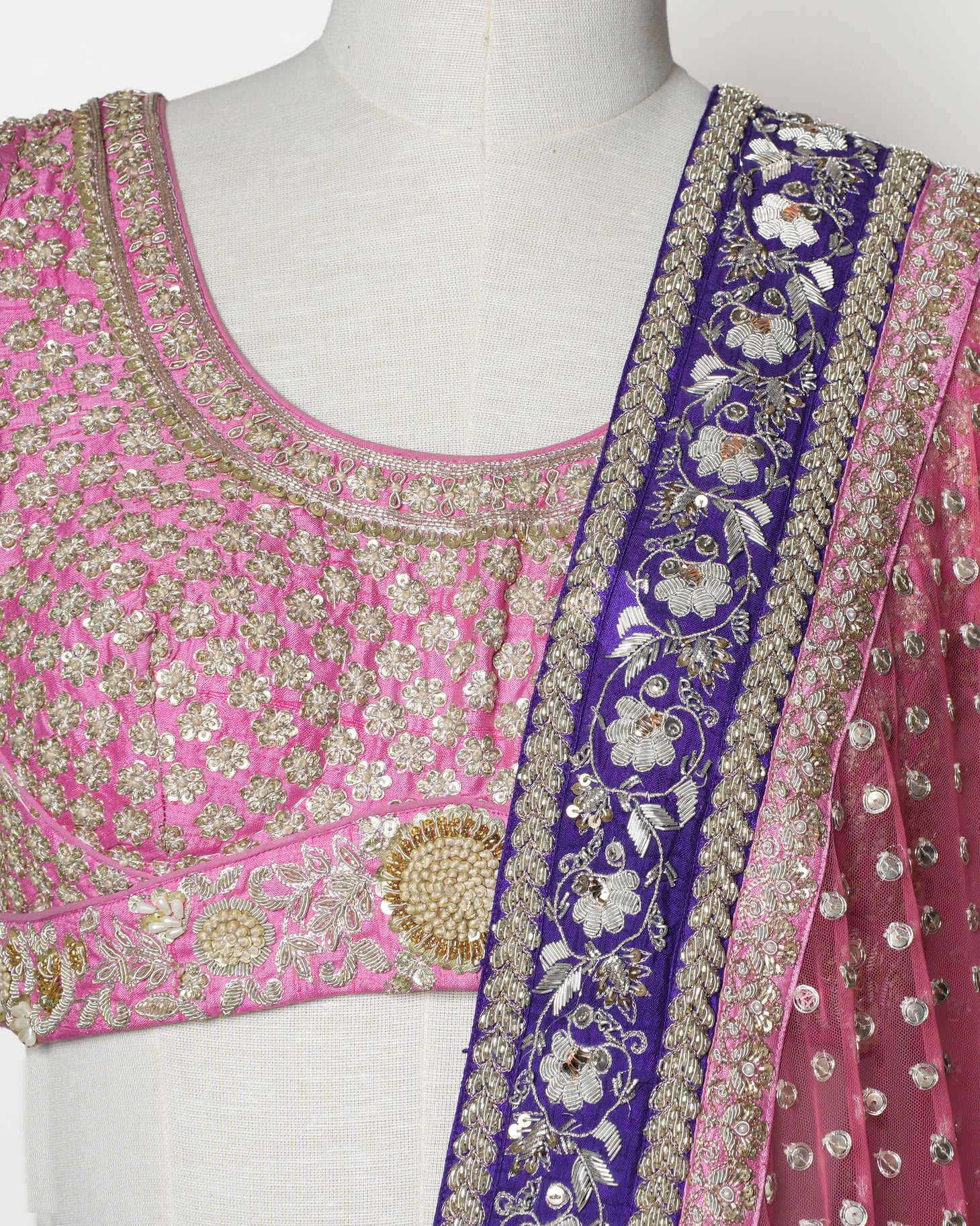 New Sabyasachi Pink & Purple Lehenga With Heavy Zari & Sequins Work