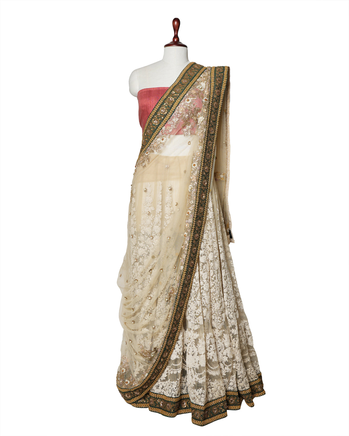 New Sabyasachi Off White Lehenga Saree With Heavy Zari & Sequins Work