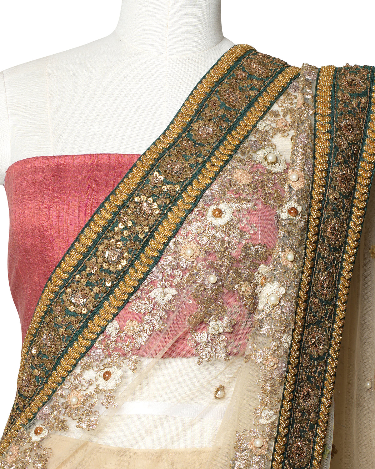 New Sabyasachi Off White Lehenga Saree With Heavy Zari & Sequins Work