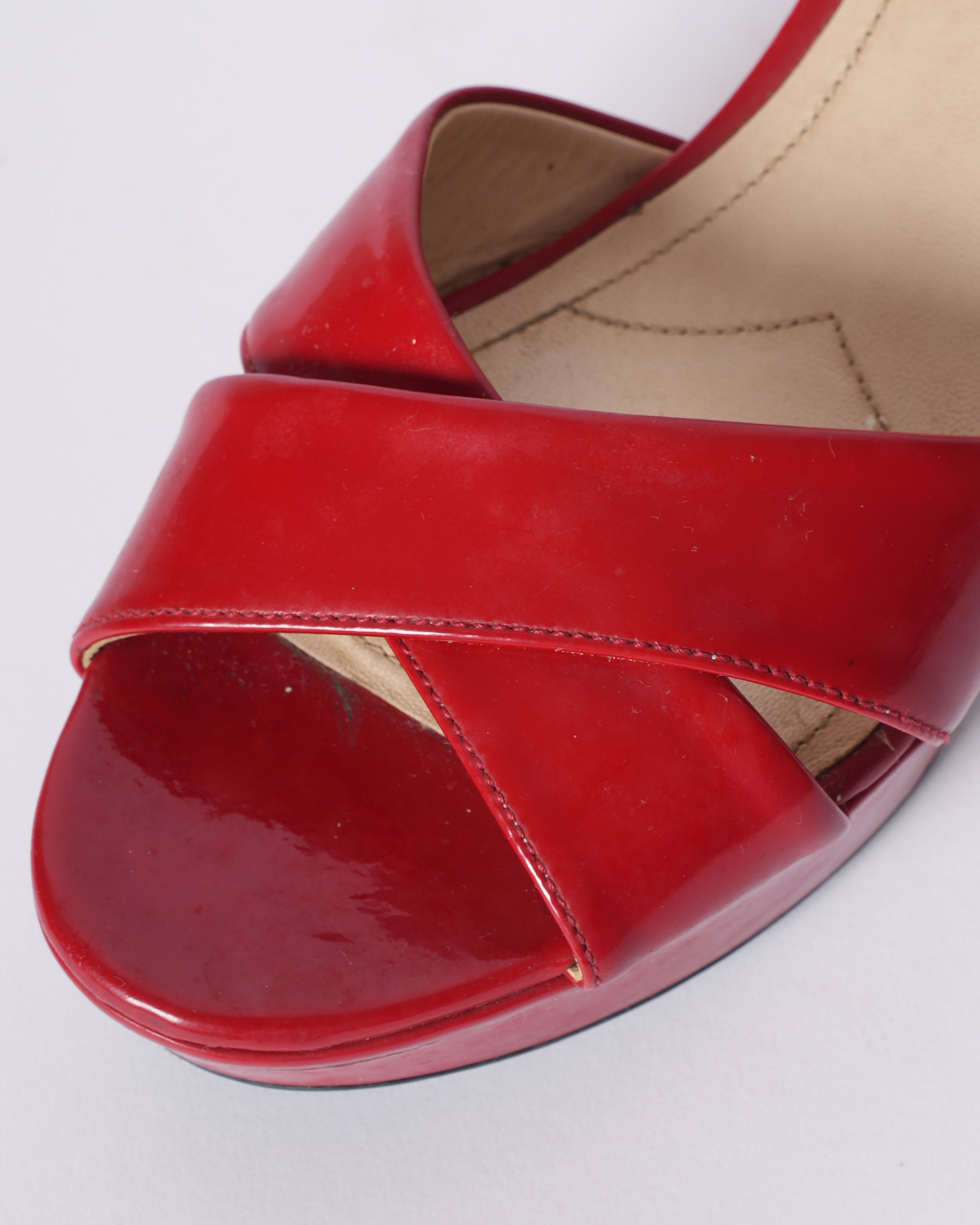 Prada Cross Strap Block Heels In Red Patent Leather