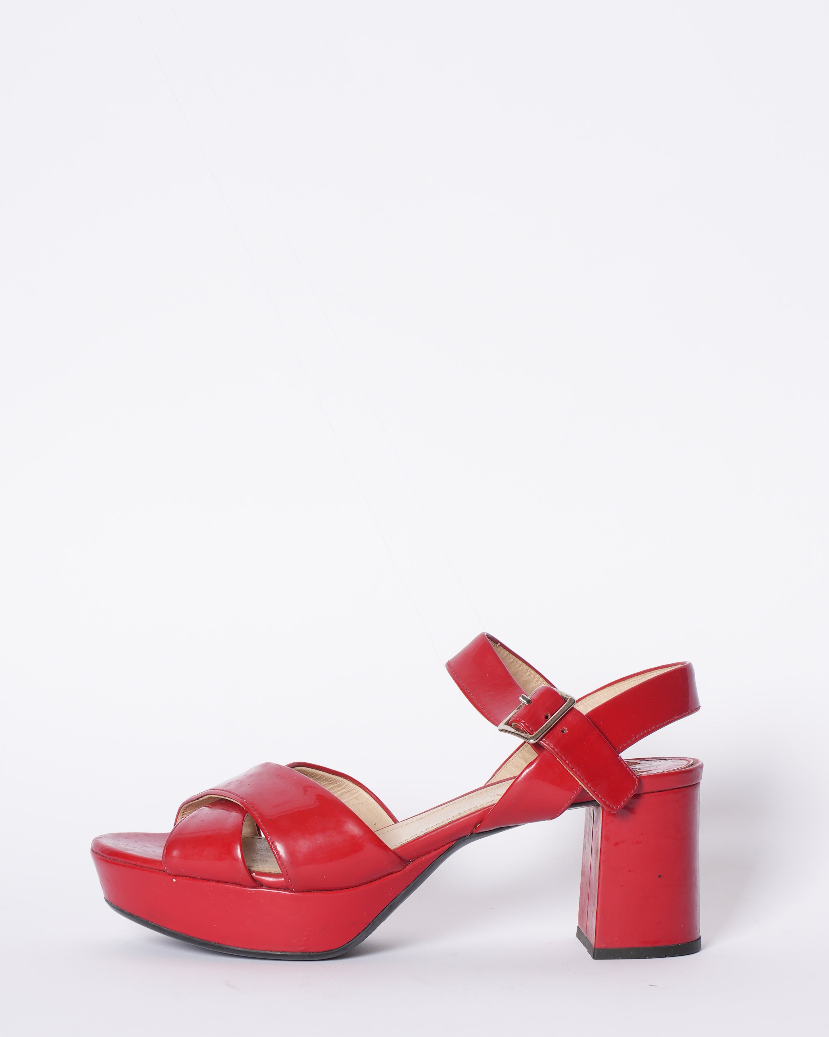 Prada Cross Strap Block Heels In Red Patent Leather