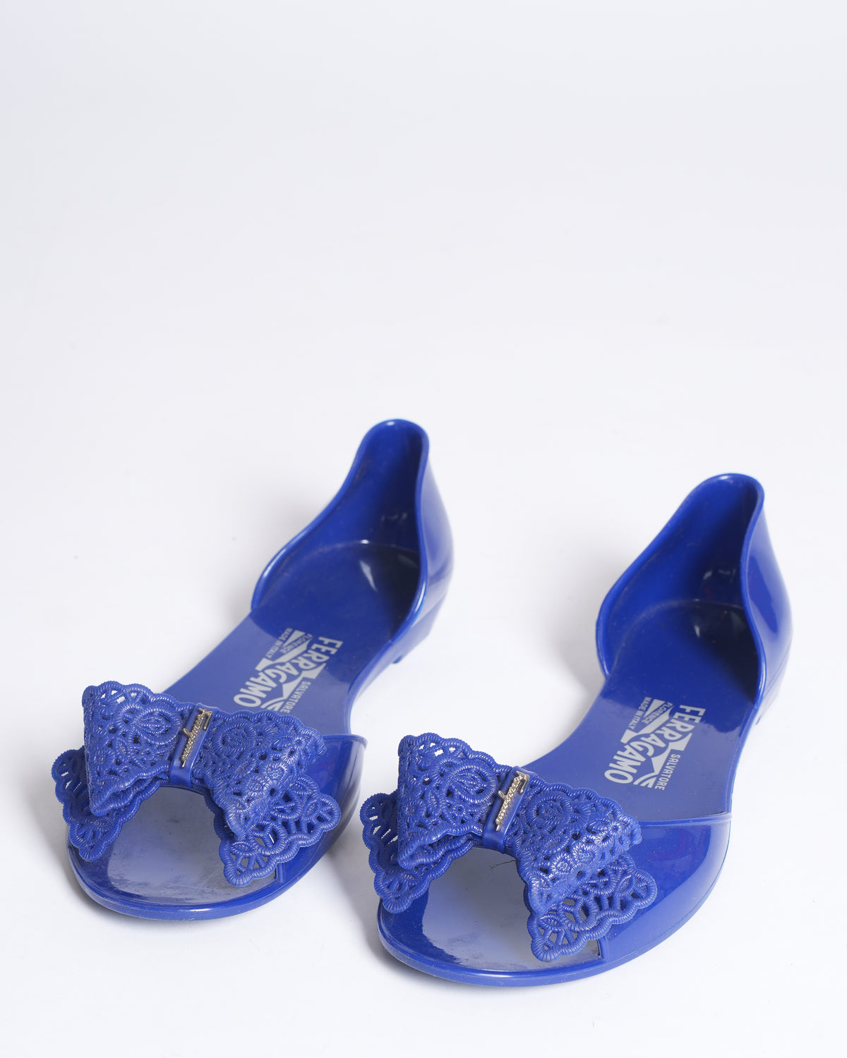 Salvatore Ferragamo Blue Jelly Barbados Bow Flats