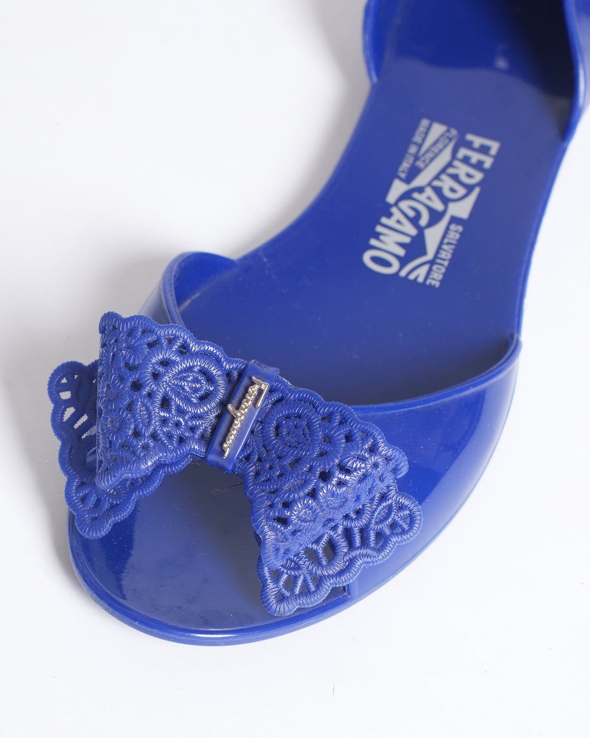 Salvatore Ferragamo Blue Jelly Barbados Bow Flats