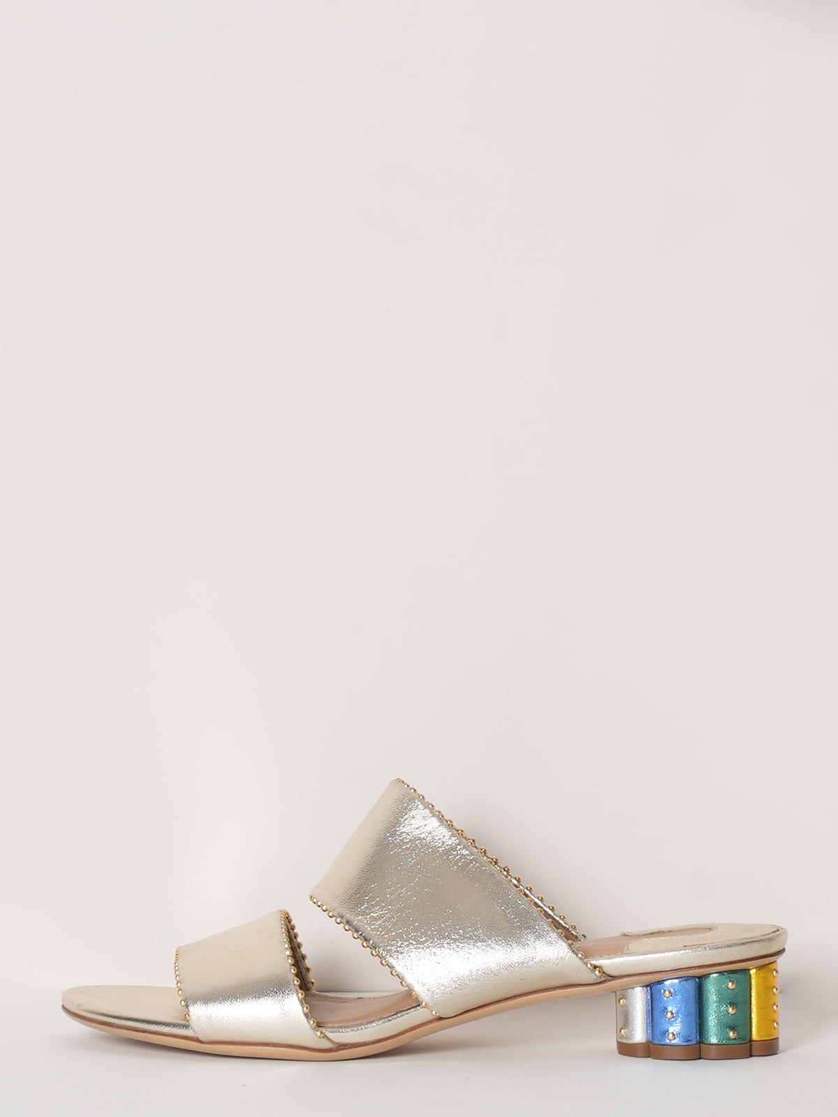 Salvatore Ferragamo Belluno Studded Two Band Floral Heel Metallic Sandals
