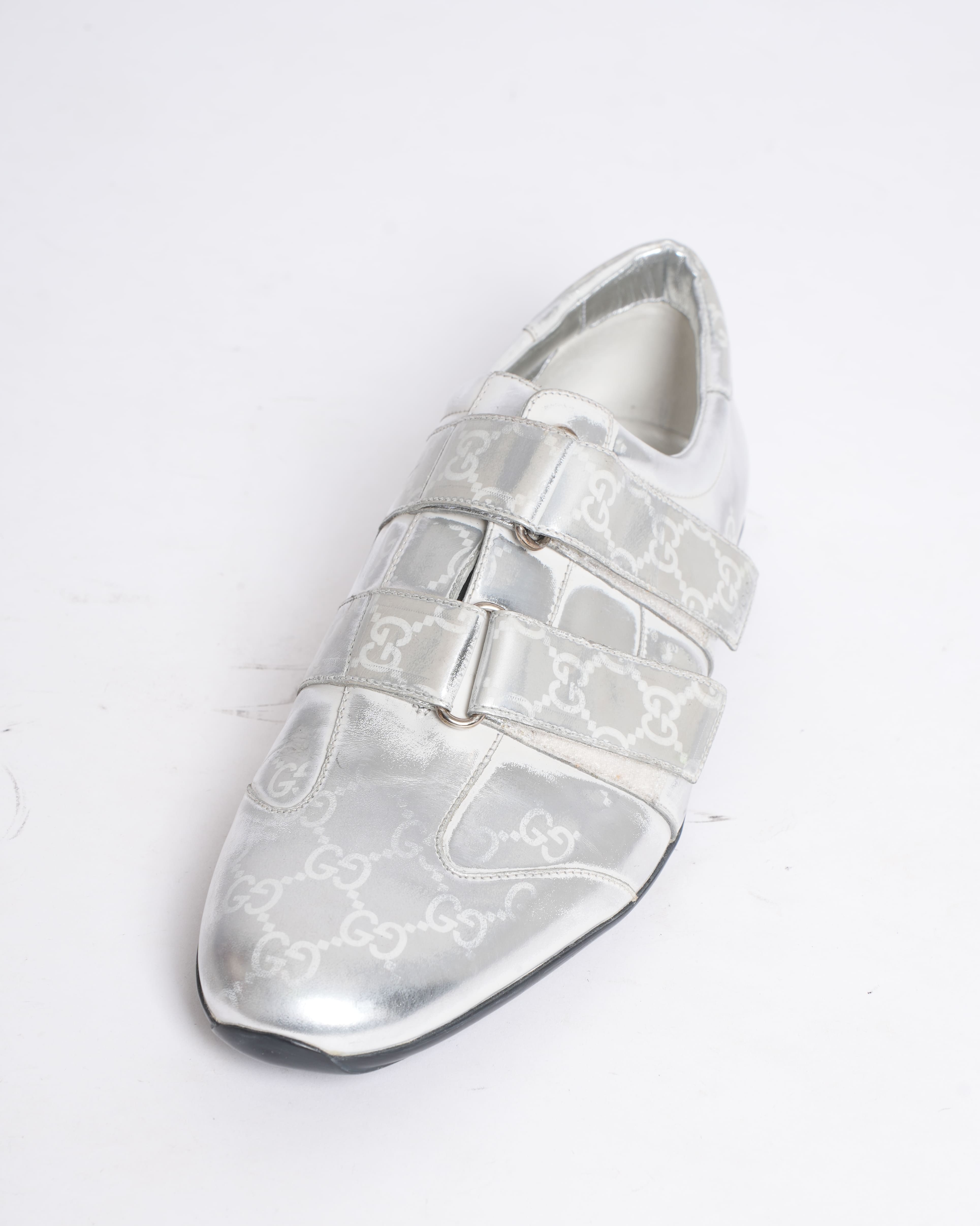 Gucci GG silver canvas and leather velcro sneakers