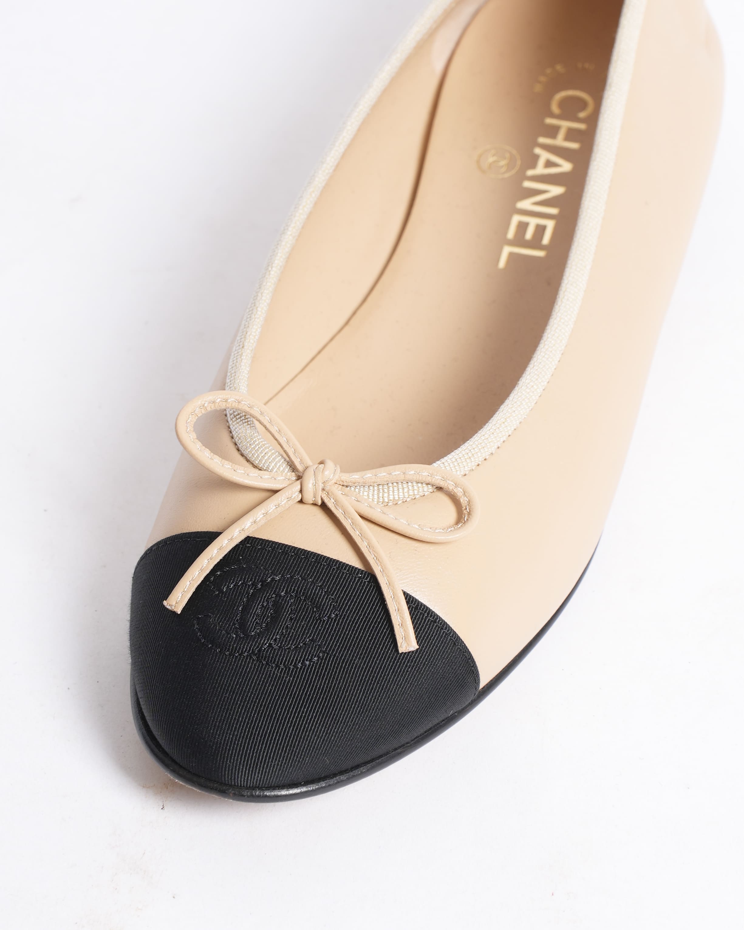 Chanel Beige & Black Cap-Toe Ballerinas