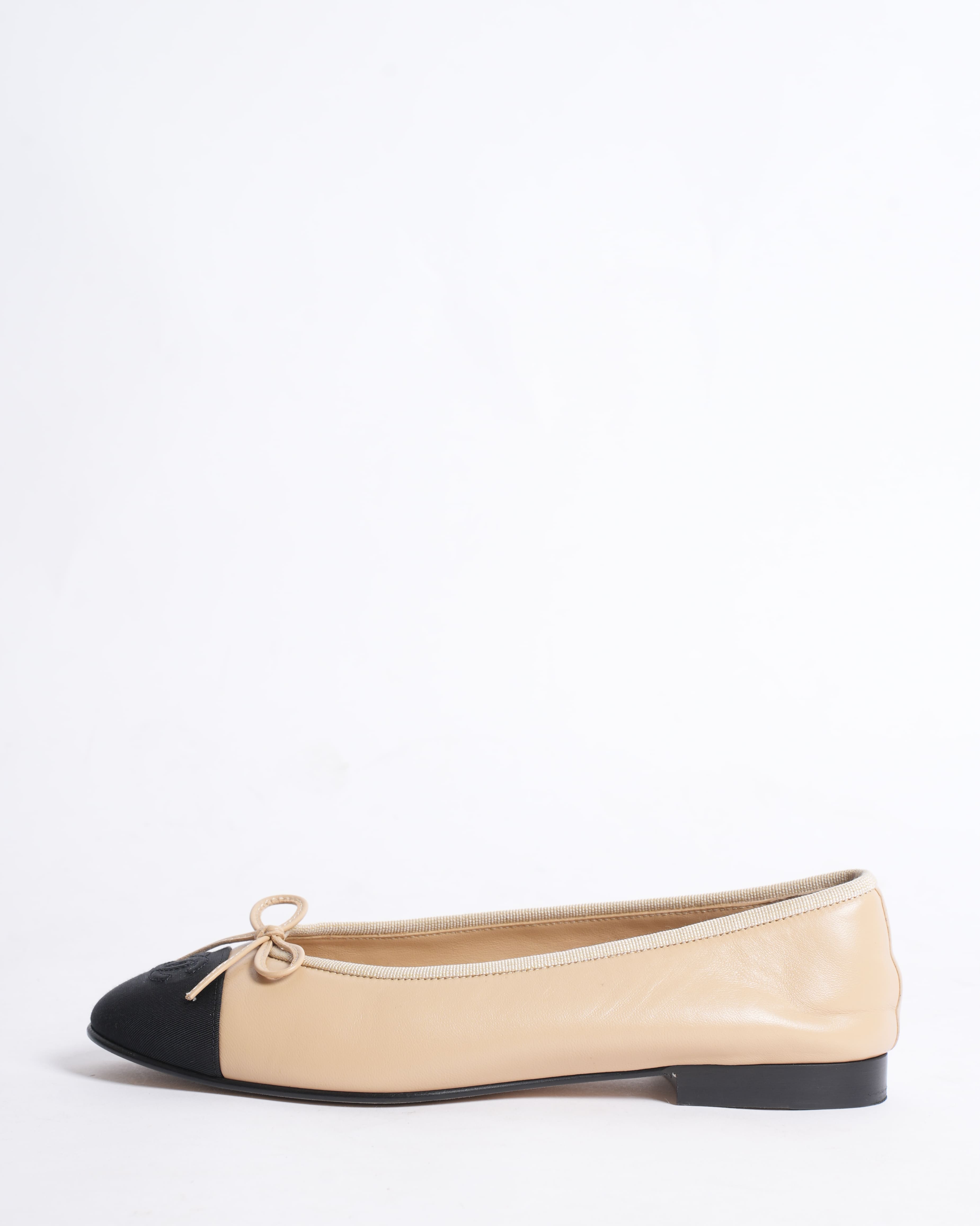 Chanel Beige & Black Cap-Toe Ballerinas