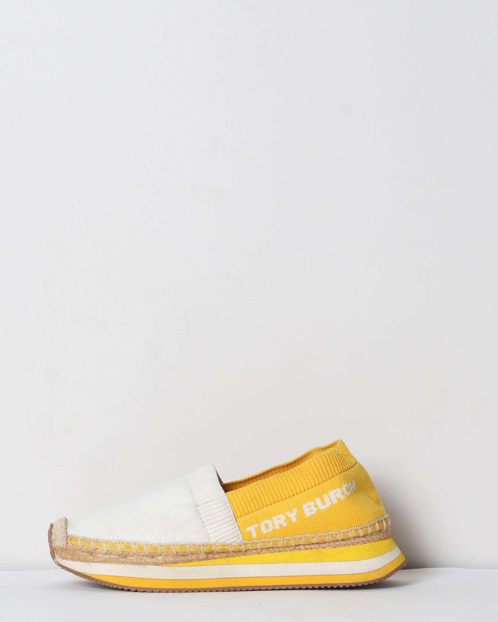 Tory Burch Woven White & Yellow Knit Daisy Espadrille Slip On Sneakers