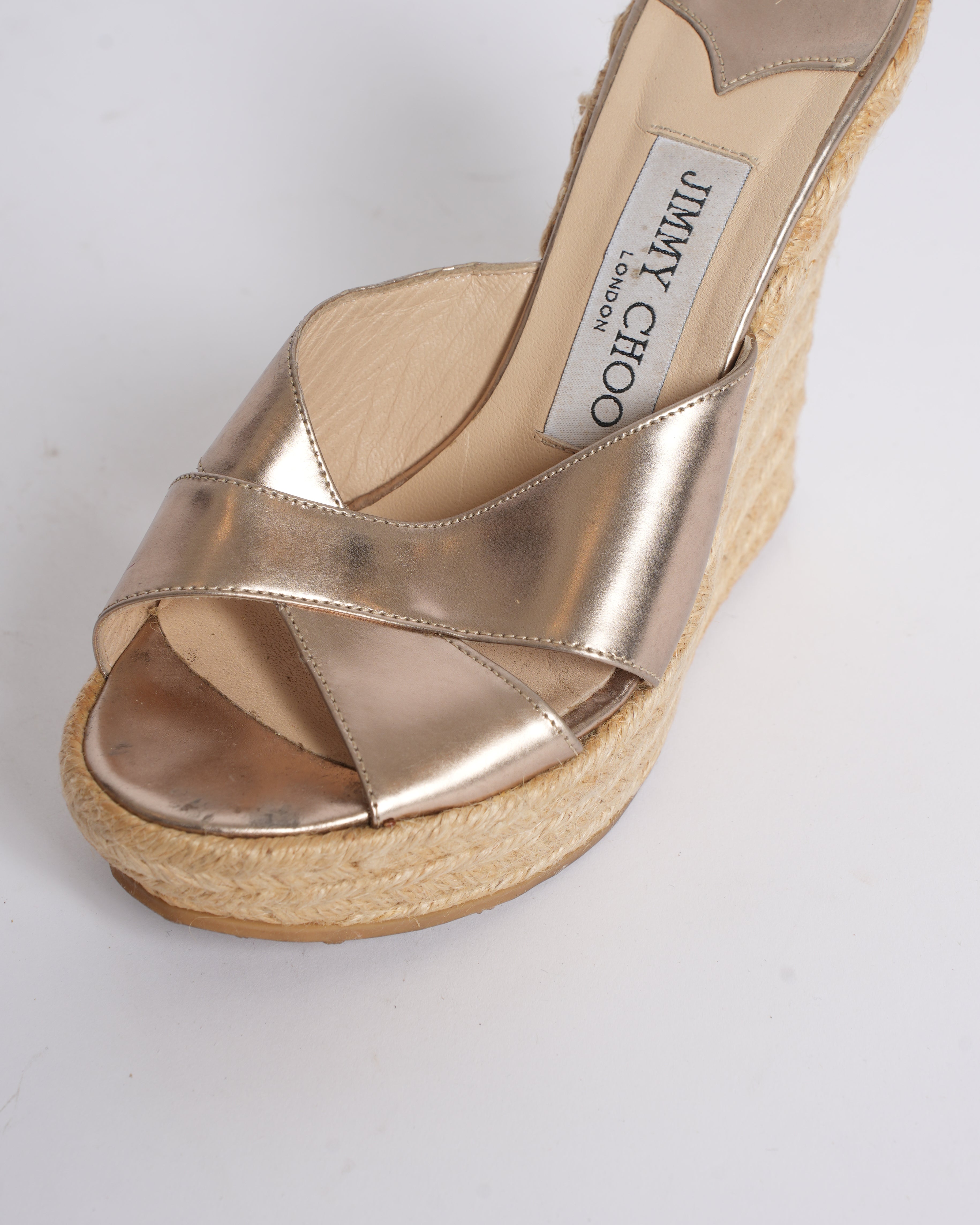 Jimmy Choo Jute Wedges In Gold Tone