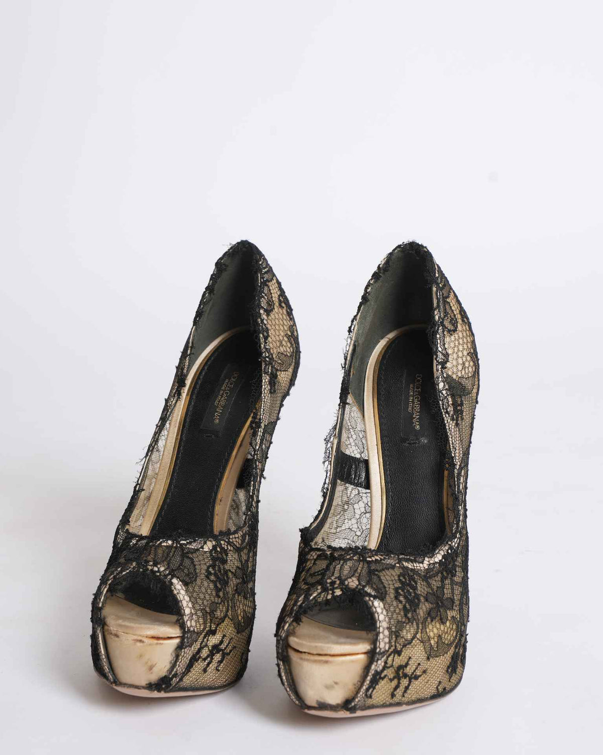 Dolce & Gabbana Black/Beige Lace and Satin Peep-Toe Platform Pumps