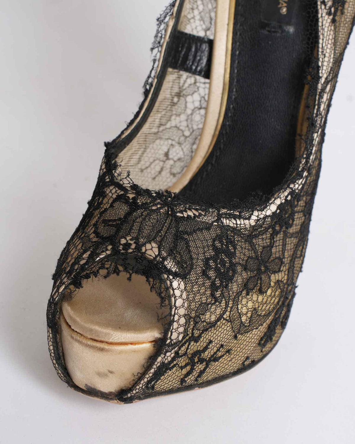 Dolce & Gabbana Black/Beige Lace and Satin Peep-Toe Platform Pumps