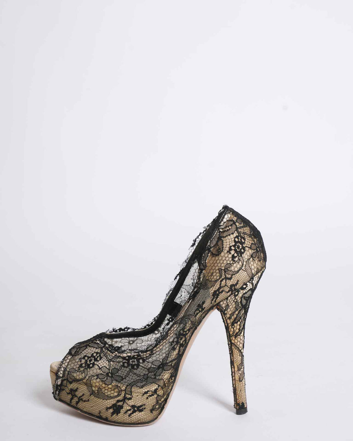 Dolce & Gabbana Black/Beige Lace and Satin Peep-Toe Platform Pumps