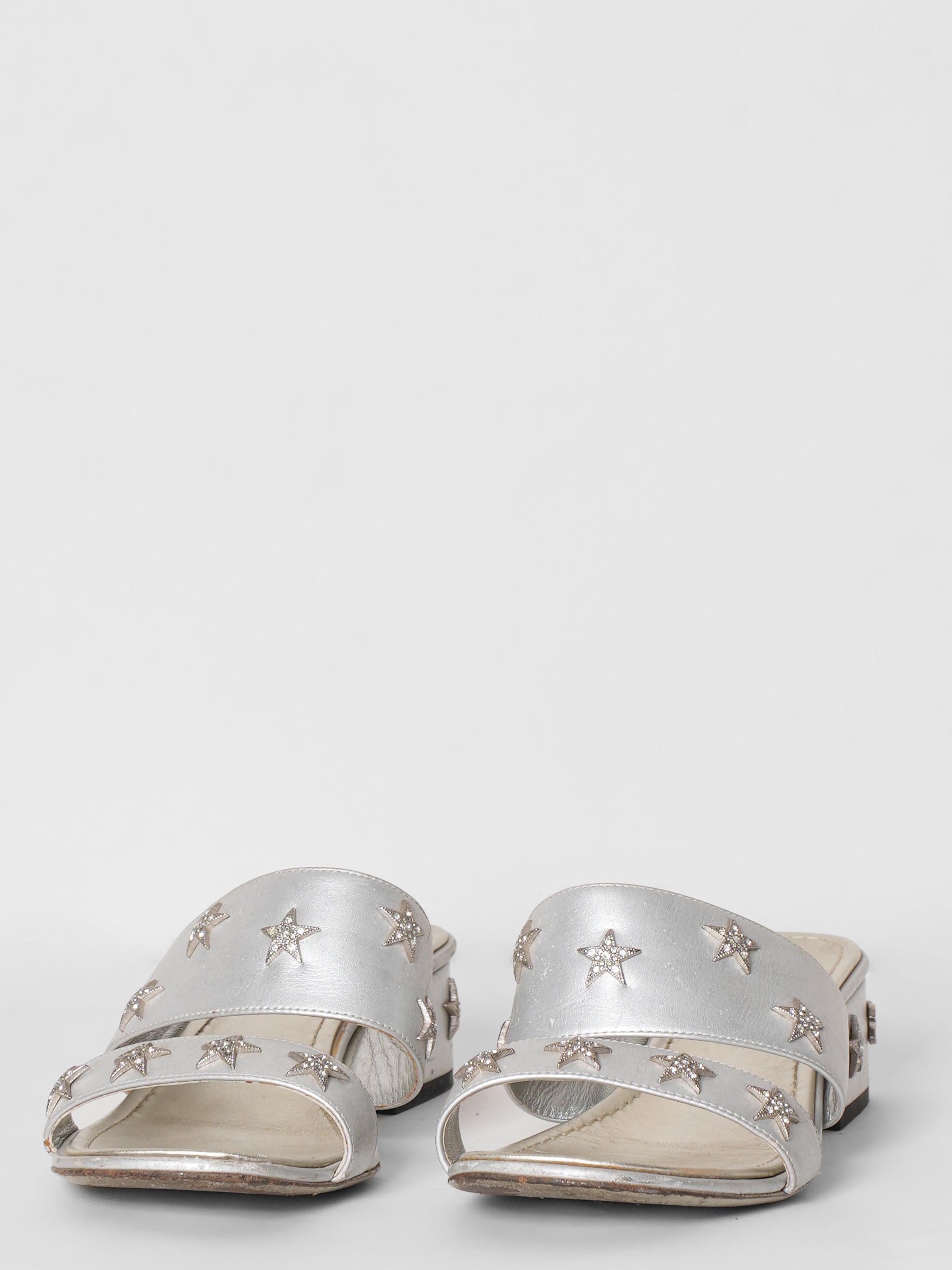 Chanel Silver Leather  Embellished Crystal Star Mules