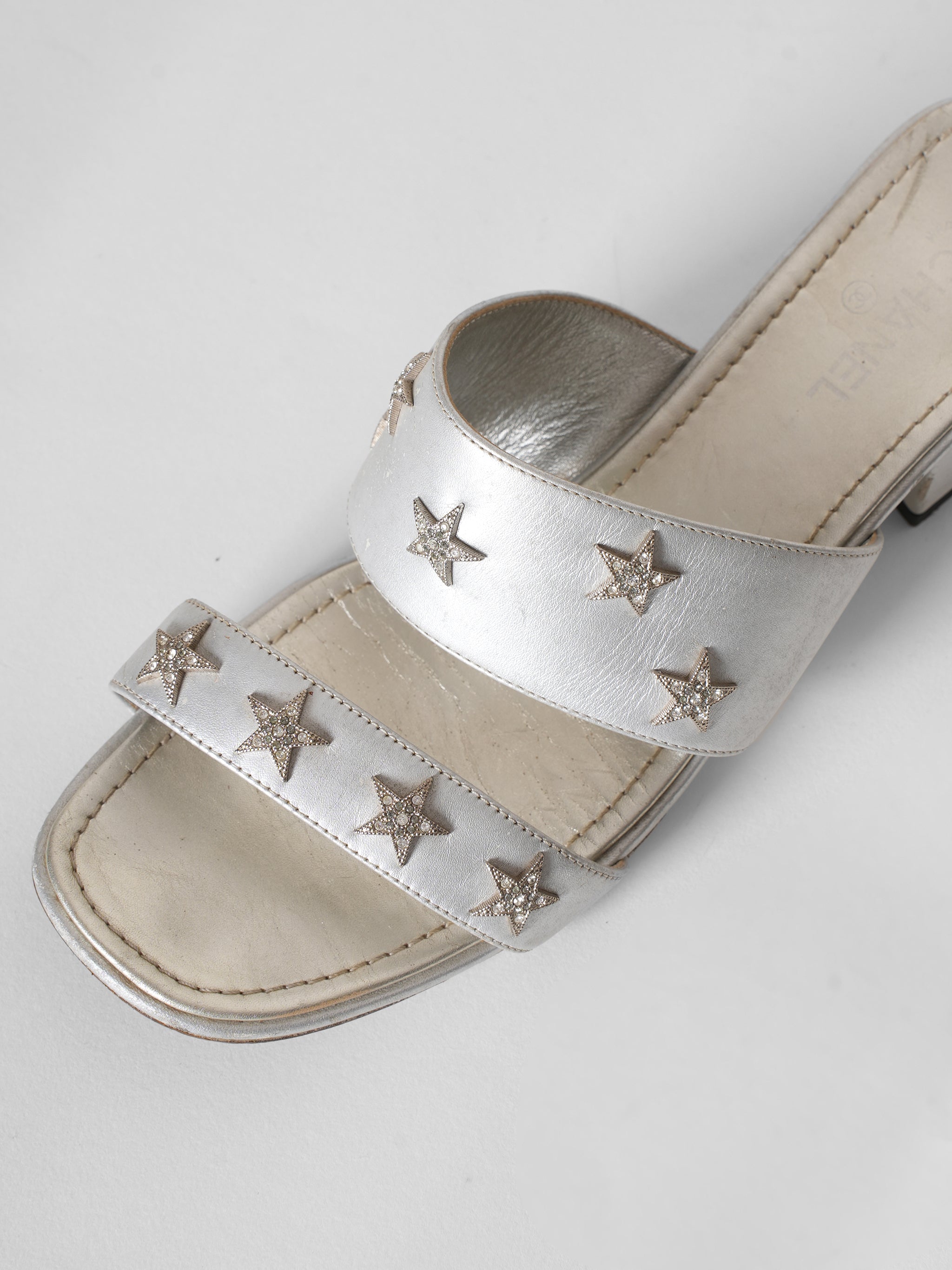 Chanel Silver Leather  Embellished Crystal Star Mules