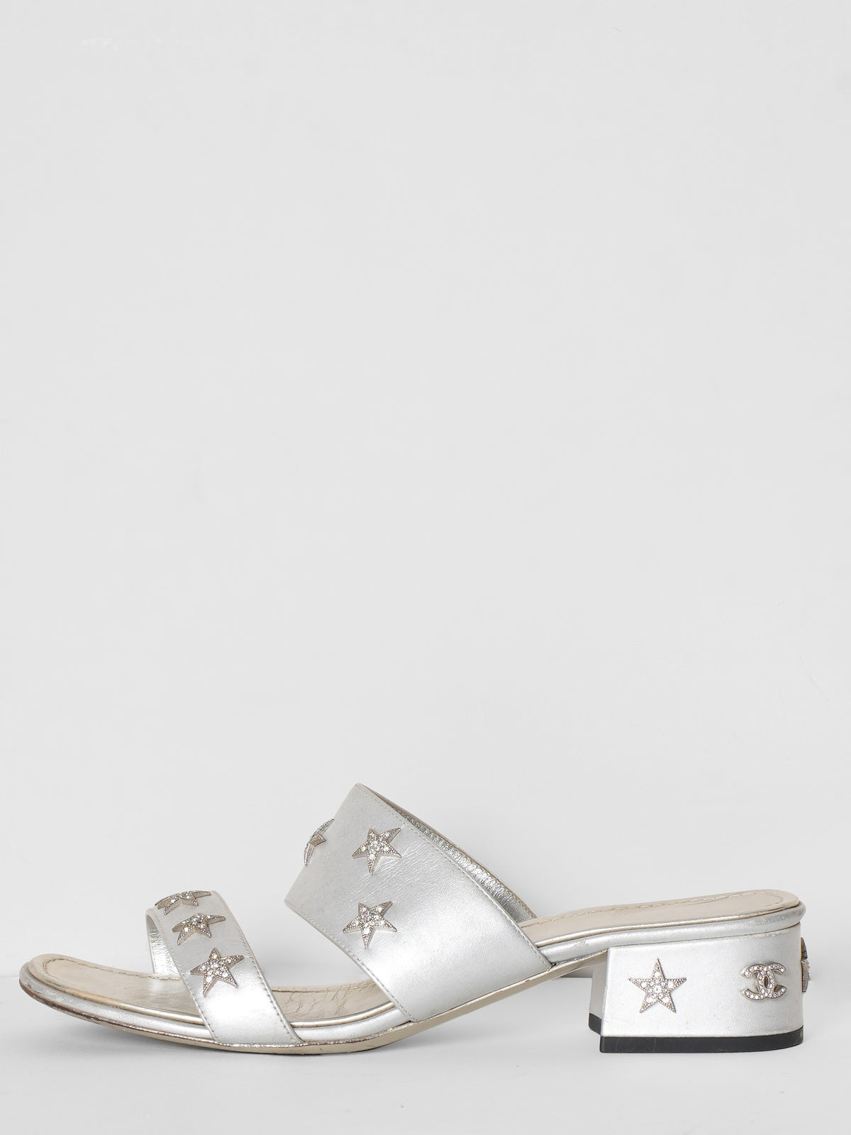 Chanel Silver Leather  Embellished Crystal Star Mules