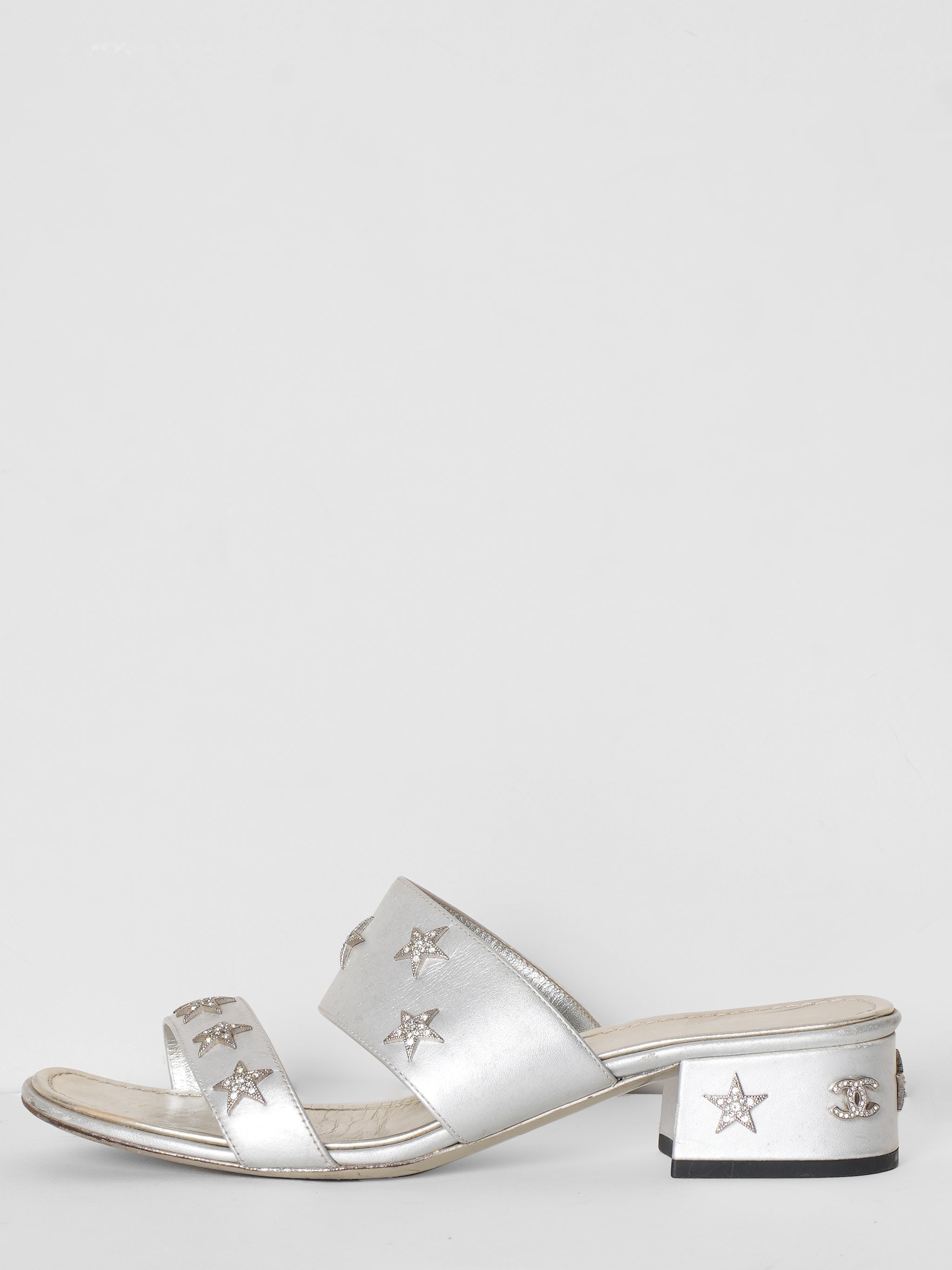 Chanel Silver Leather  Embellished Crystal Star Mules