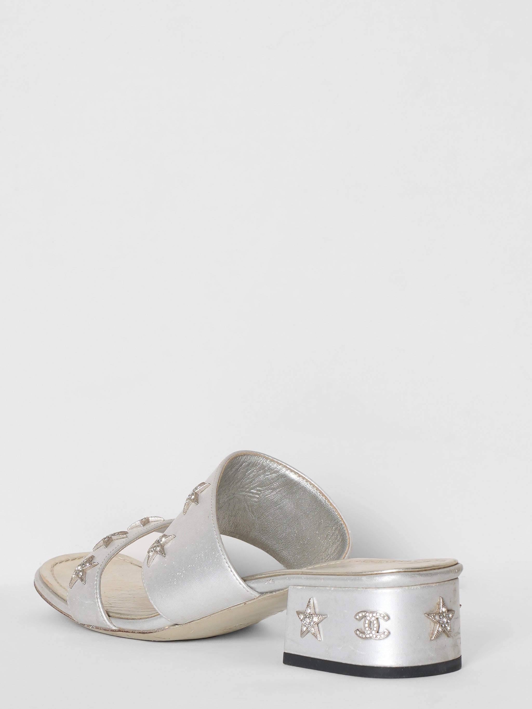 Chanel Silver Leather  Embellished Crystal Star Mules