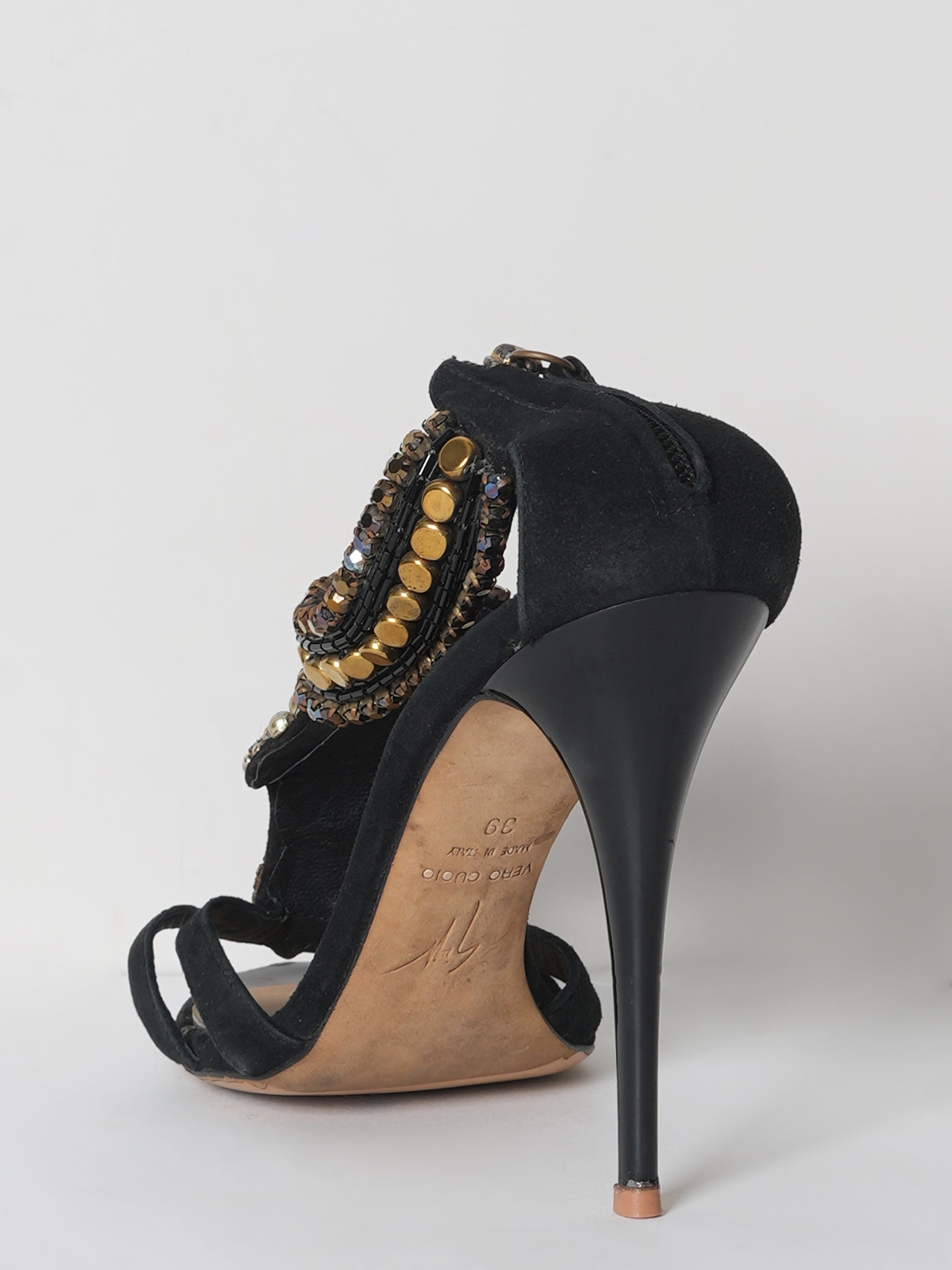 Guiseppe Zanotti Black Beaded Crystal Stiletto Heel Sandals