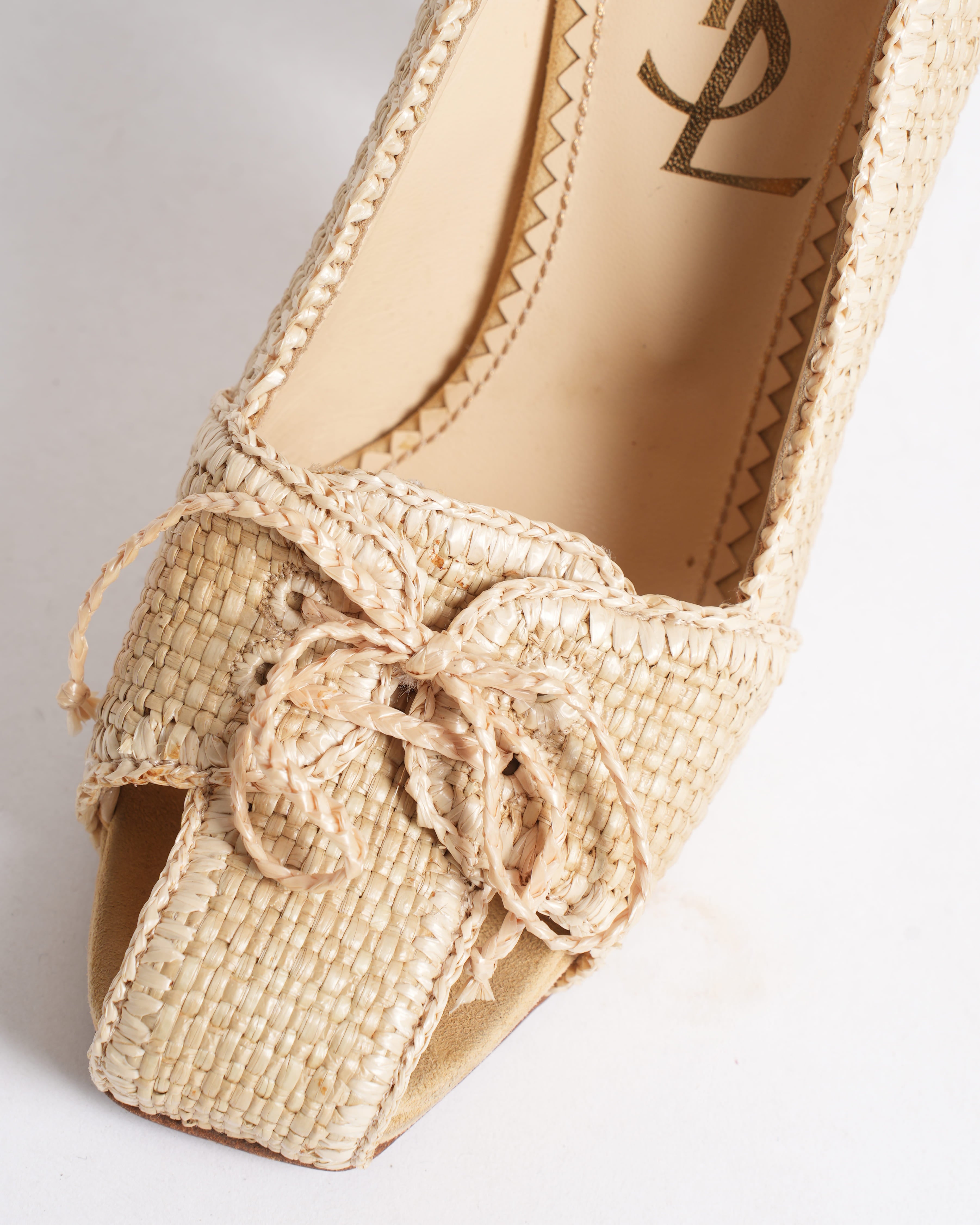 Saint Laurent Cream Raffia Bow Pumps