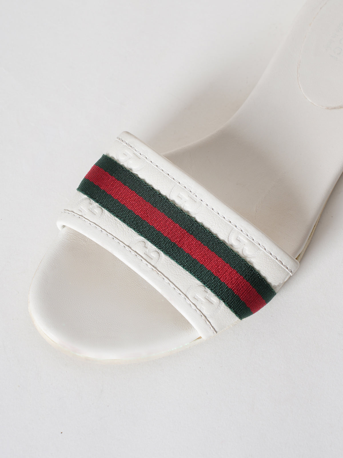 Gucci White Guccissiam Leather Web Flat Slide Sandals