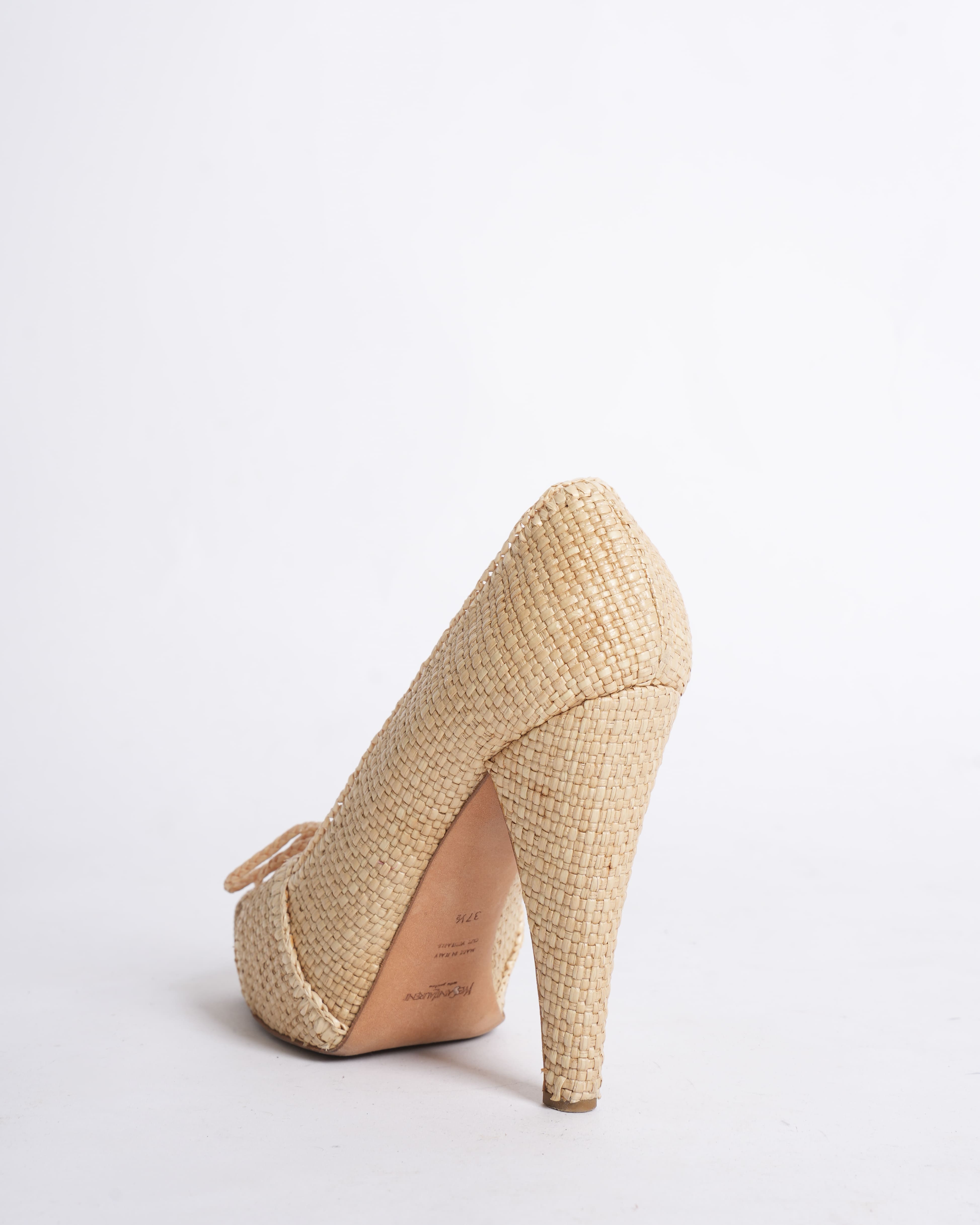 Saint Laurent Cream Raffia Bow Pumps