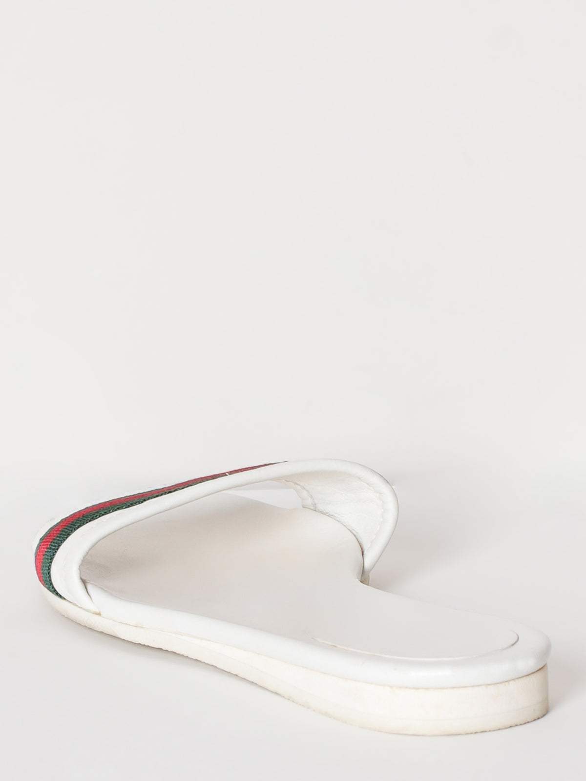 Gucci White Guccissiam Leather Web Flat Slide Sandals