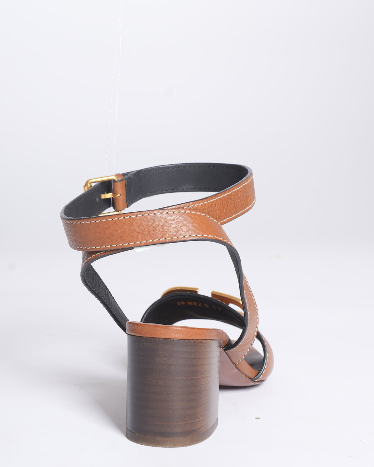 Valentino brown leather v logo block ankle wrap sandals