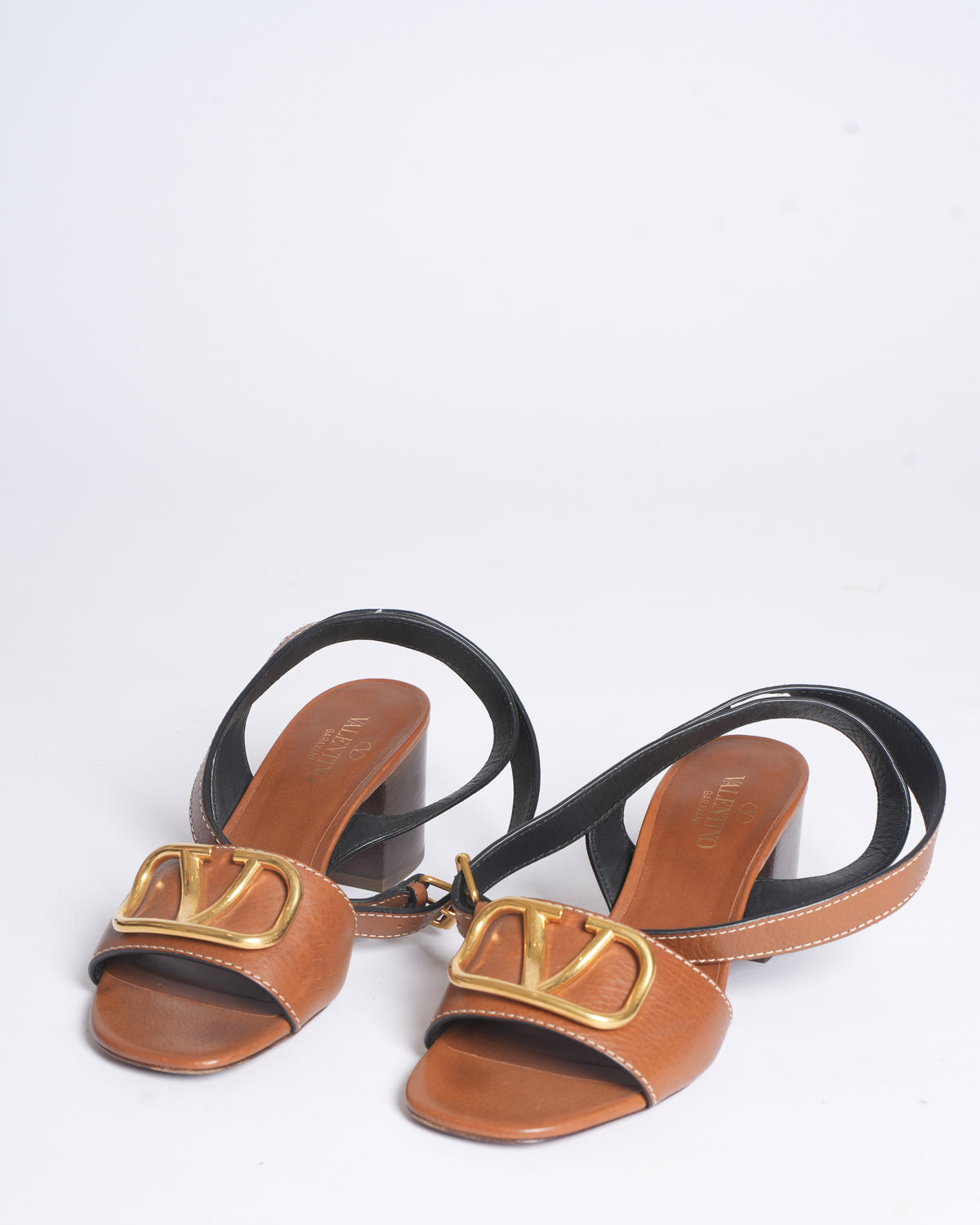 Valentino brown leather v logo block ankle wrap sandals