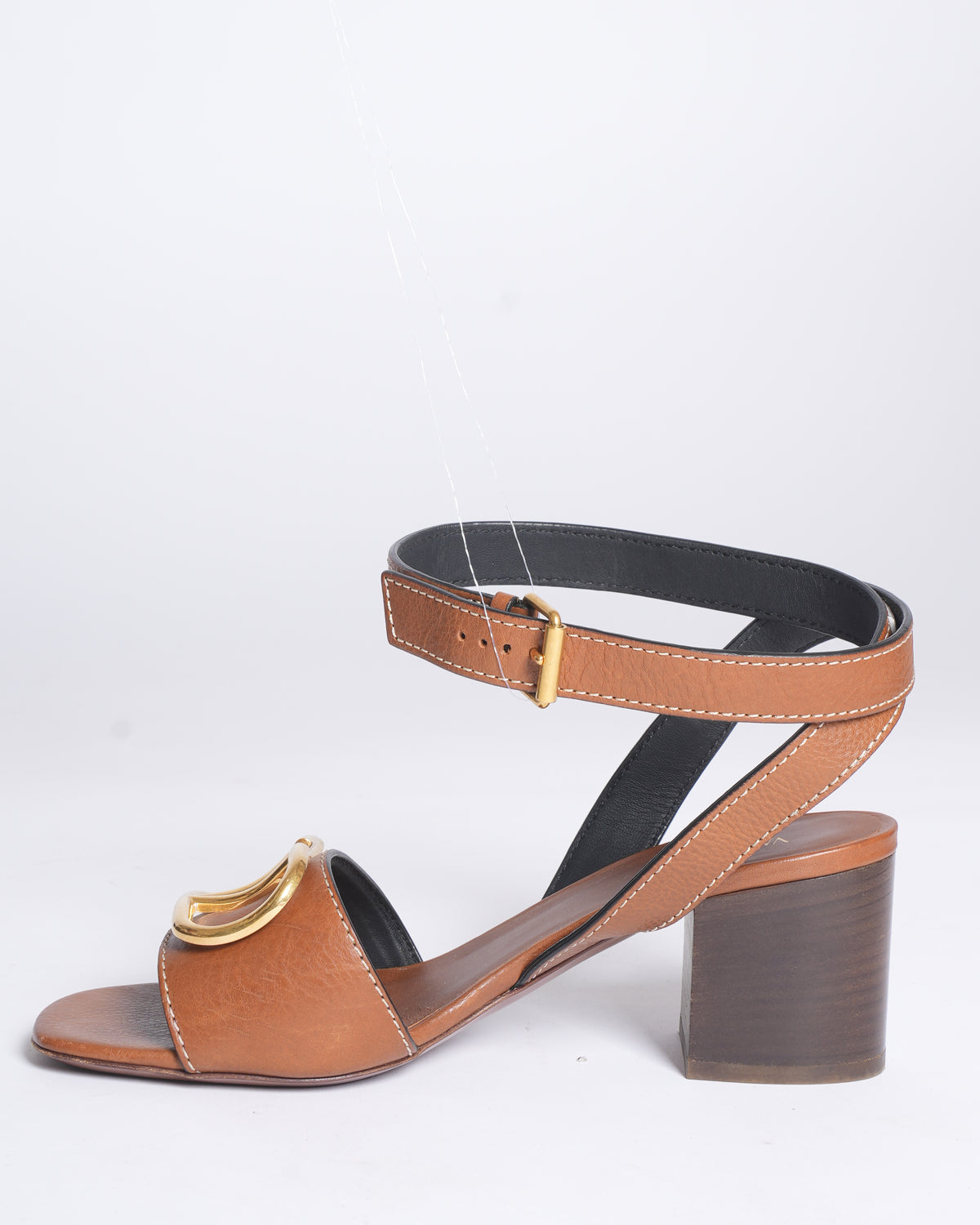 Valentino brown leather v logo block ankle wrap sandals