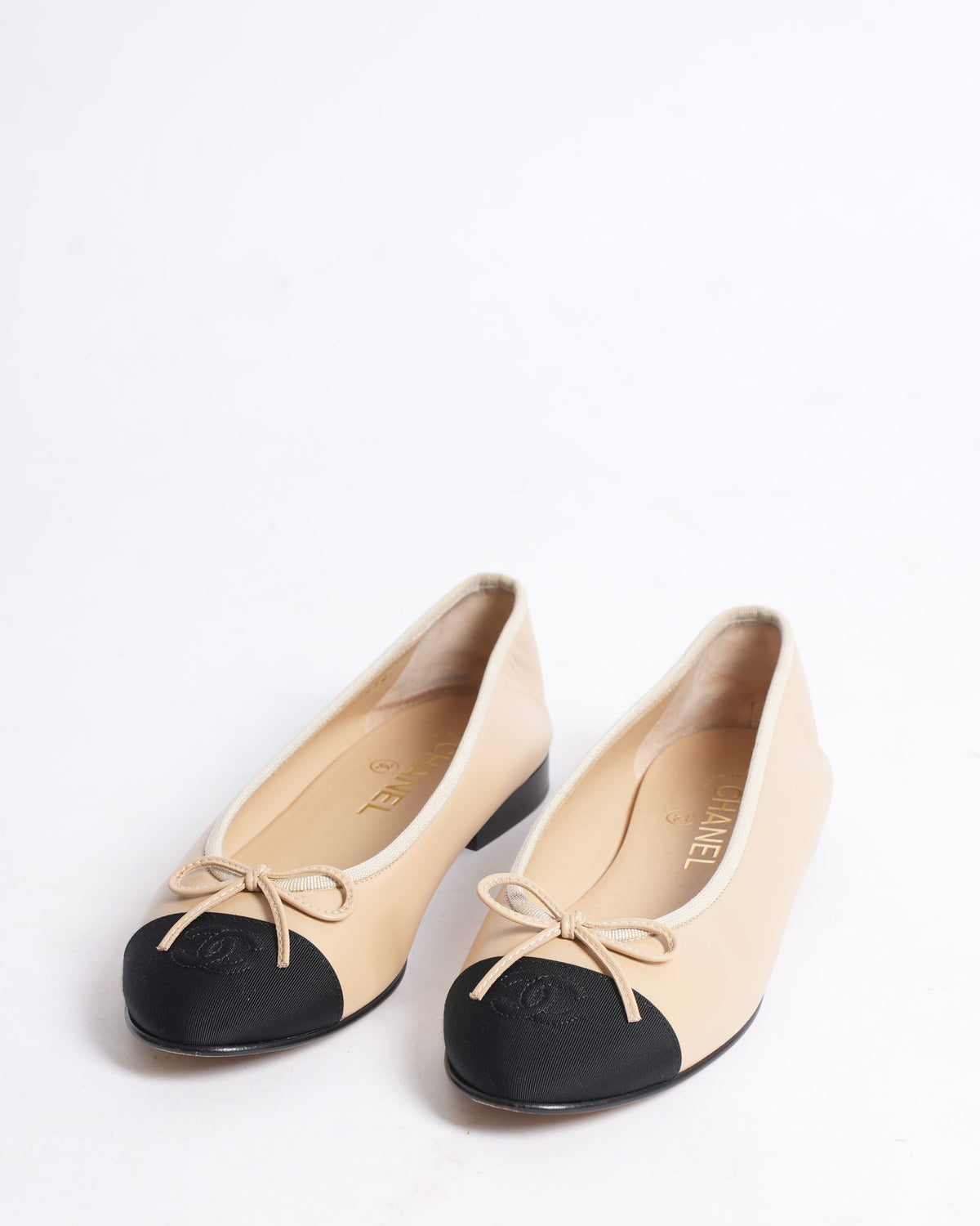 Chanel Beige & Black Cap-Toe Ballerinas