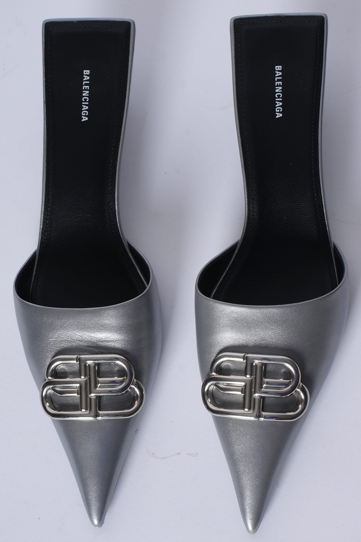 Balenciaga BB metallic leather mules silver
