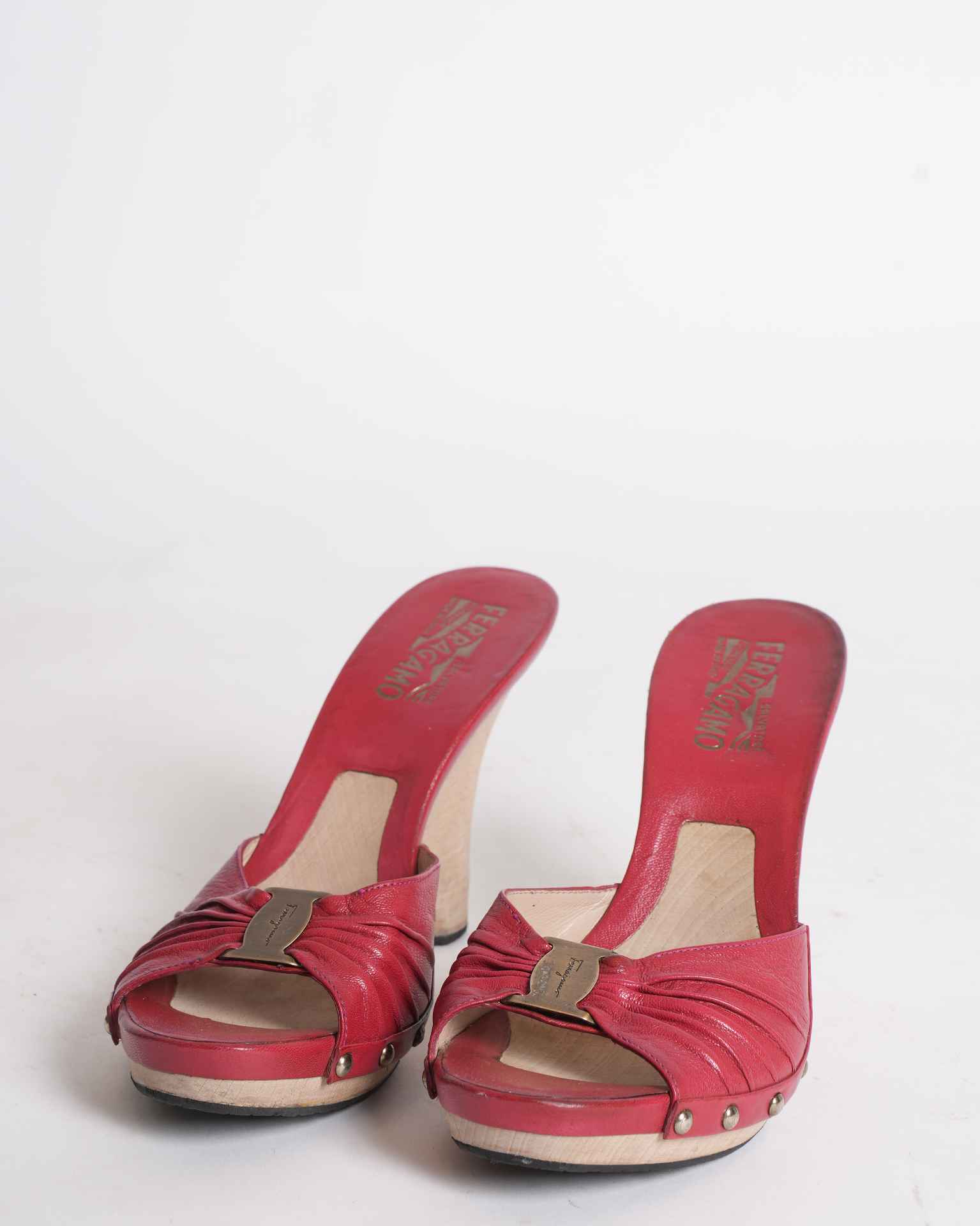 Salvatore Ferragamo Red Pleated Leather Open-Toe Wedge Sandals