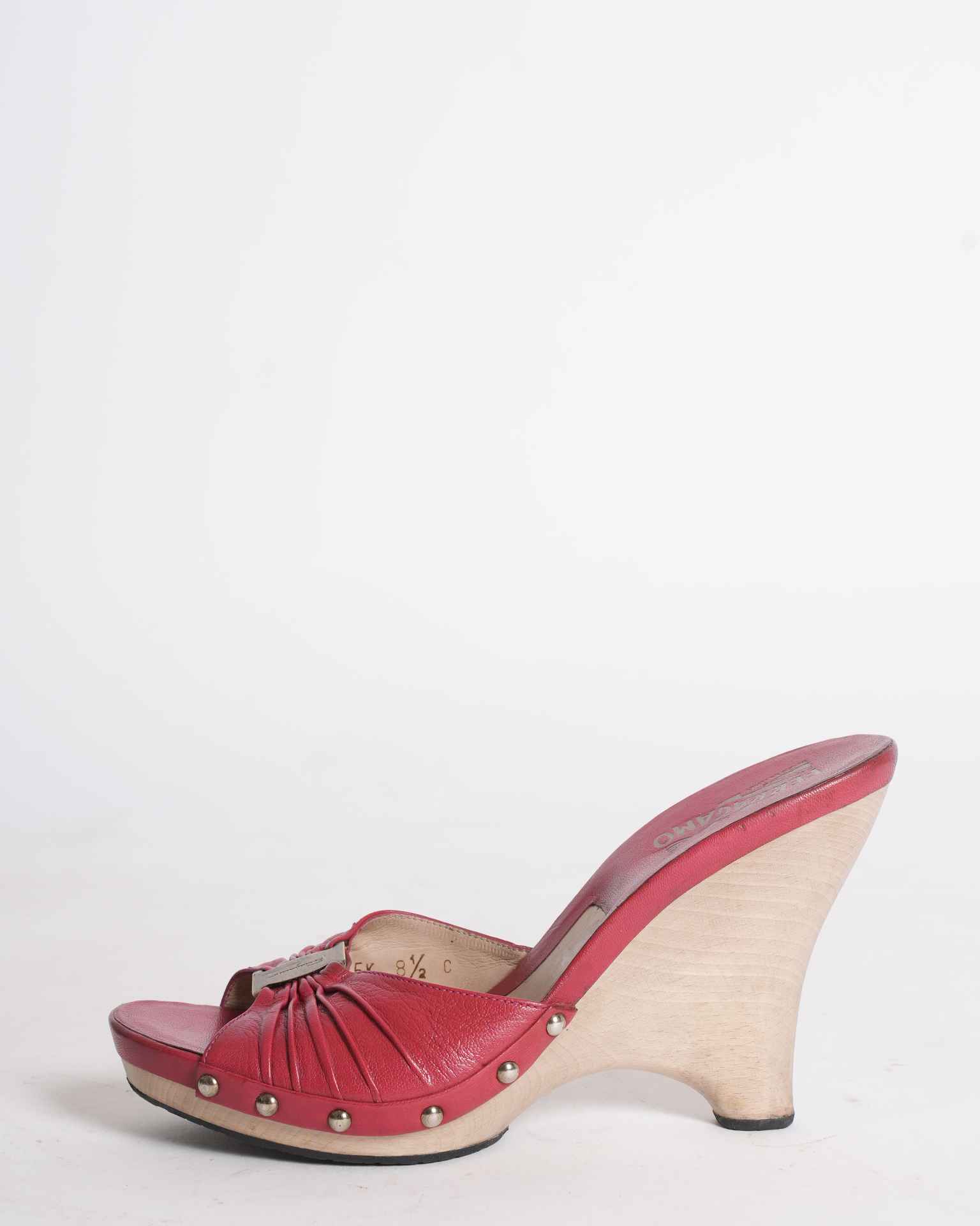 Salvatore Ferragamo Red Pleated Leather Open-Toe Wedge Sandals