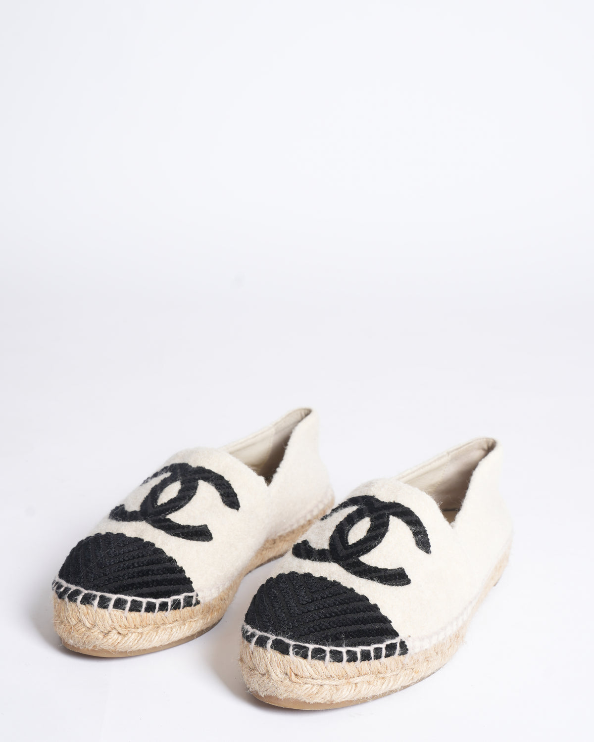 Chanel Black & White Velvet CC Espadrille Flats