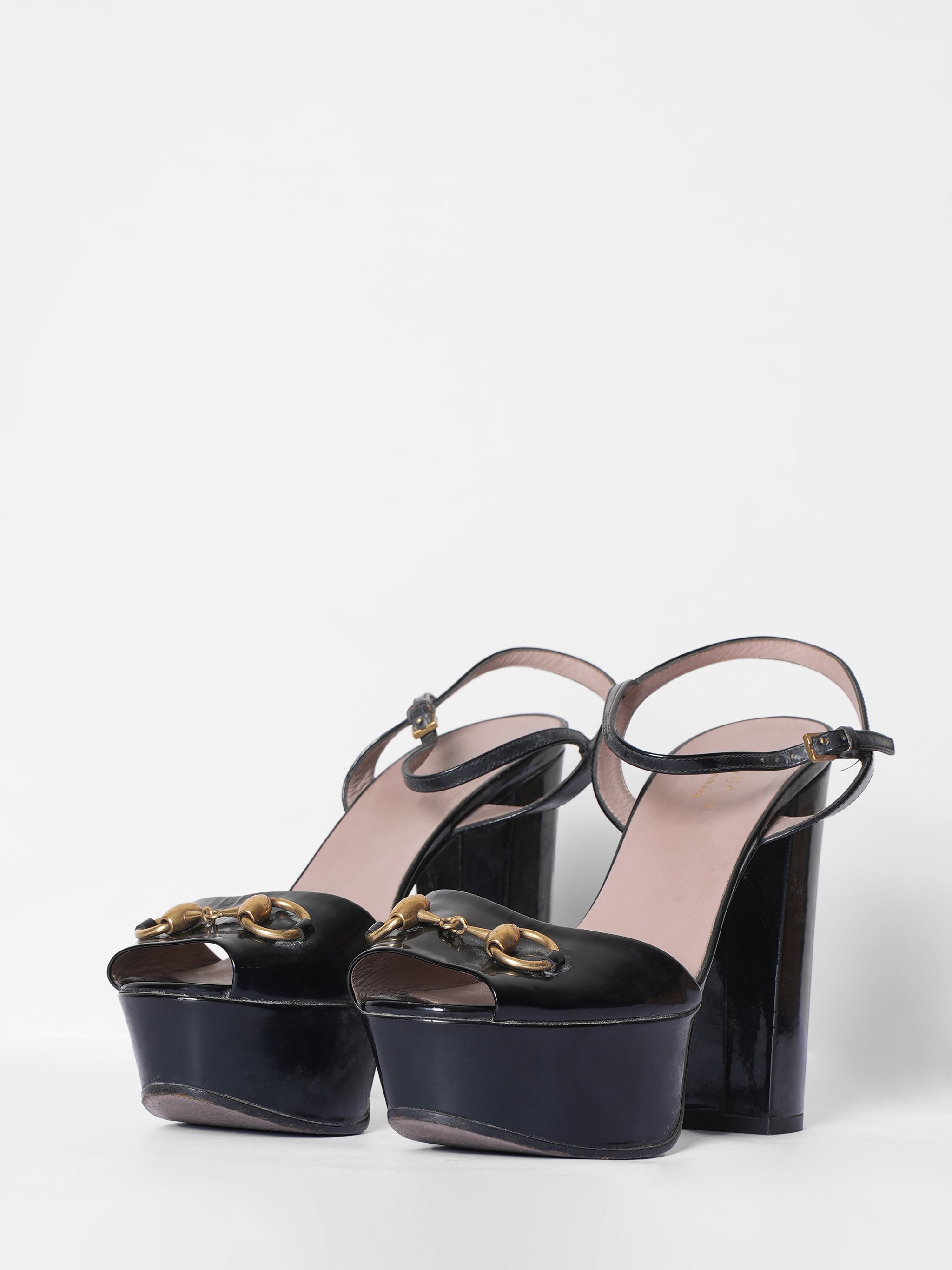Gucci Black Patent Leather Horsebit Peep Toe Platform Sandals